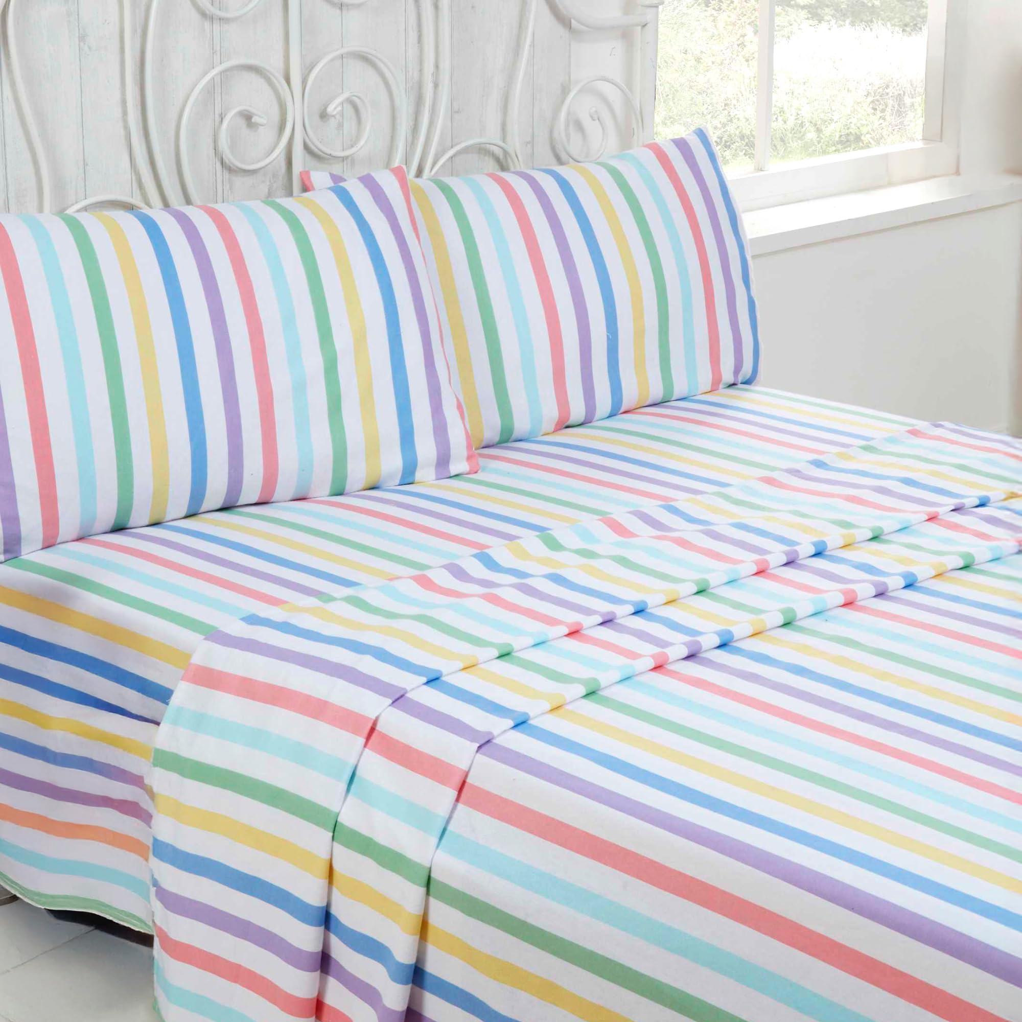 Rapport Home 100% Brushed Cotton Double Bed Sheet Set - Cosy Candy Stripe Flannelette Feel, Warm & Soft Bedding with Fitted, Flat Sheet & Pillowcases
