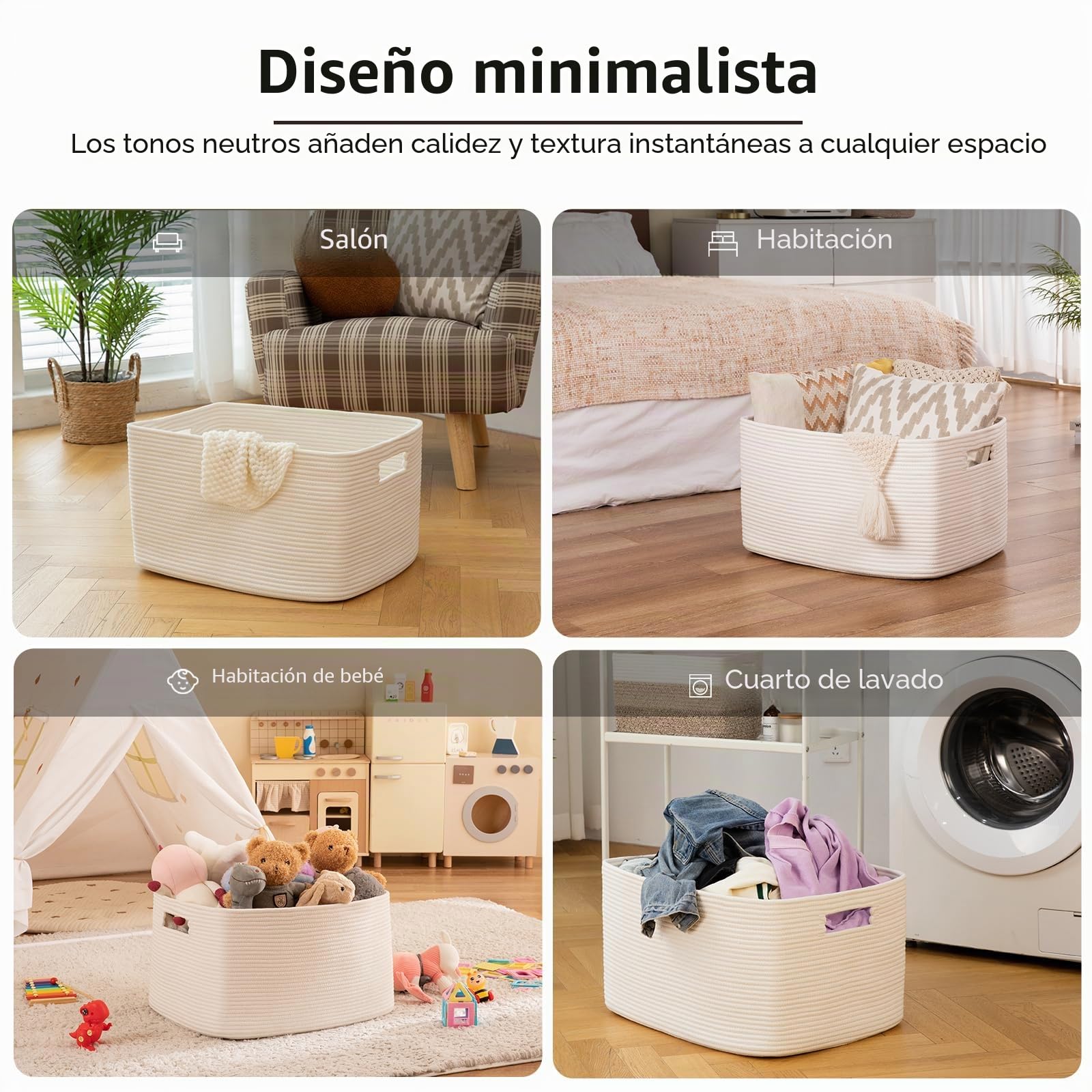 OIAHOMY Cesta grande de cuerda de algodón de 75 L con asa, cesta de almacenamiento tejida para mantas, juguetes, sala de estar y guardería, 22 x 17 x 12 pies, color blanco