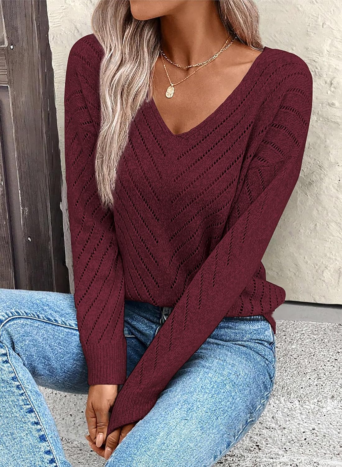 Lightweight Sweaters for Women 2026 Spring Long Sleeve V Neck Hollow Out Crochet Pullover Knit Tops Daily Wear - Image 6