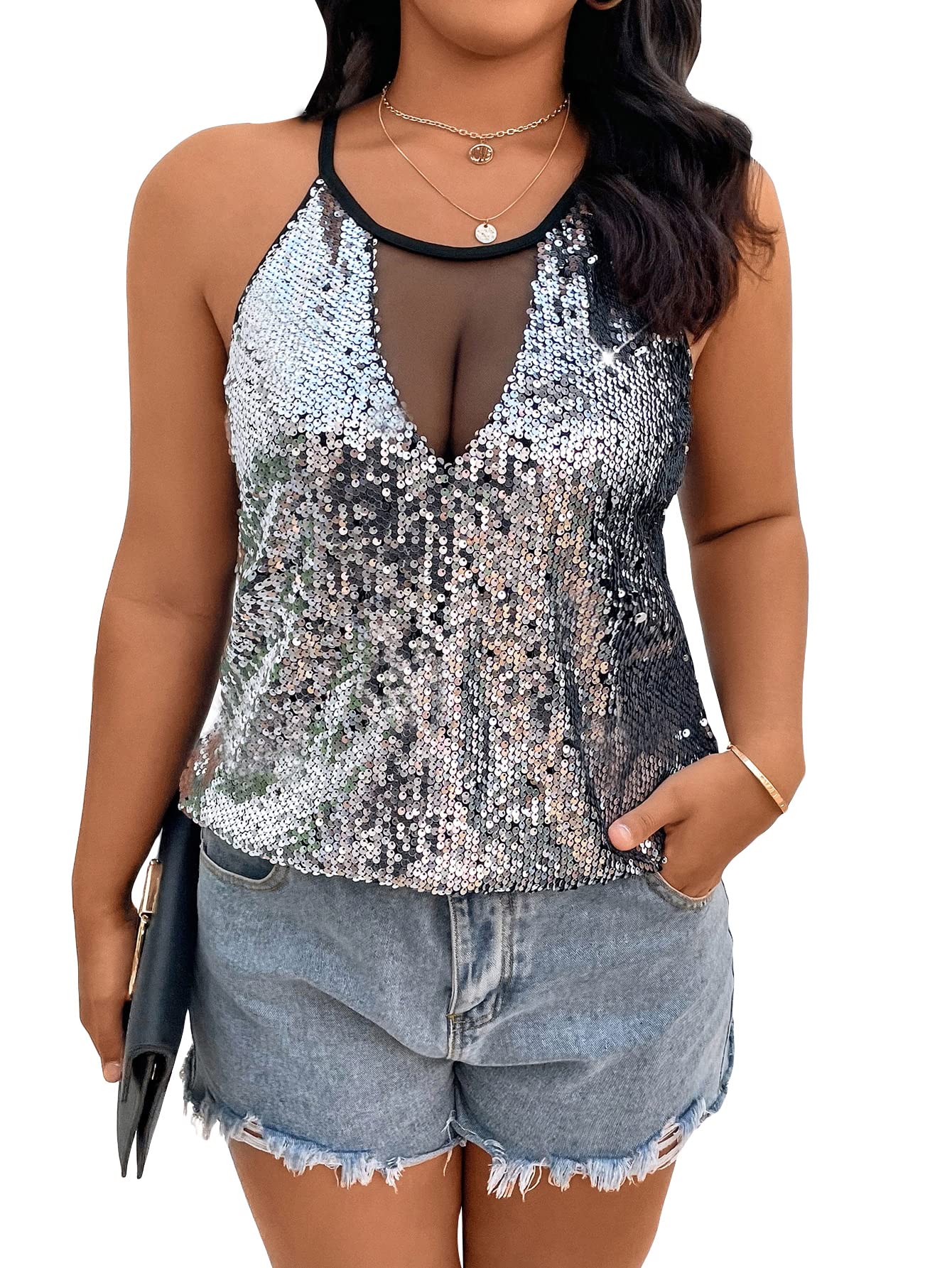 WDIRARAWomen's Plus Size Sequin Halter Sleeveless Contrast Mesh Party Night Rave Top