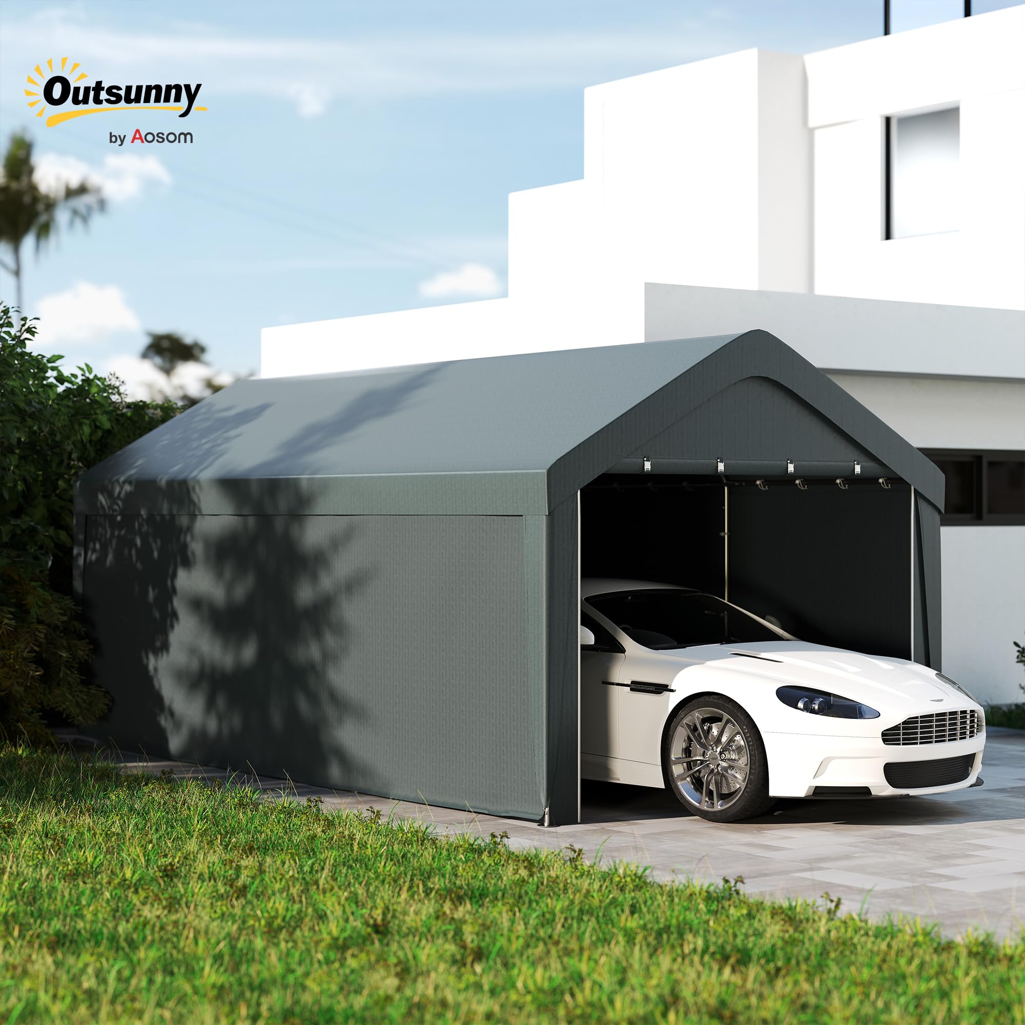 Outsunny Carport tenda da garage 3 x 6 m, tettoia per auto all'aperto, tenda di stoccaggio con pareti laterali rimovibili e 2 porte con cerniera avvolgibili, tettoia per auto, camion, barca, grigio