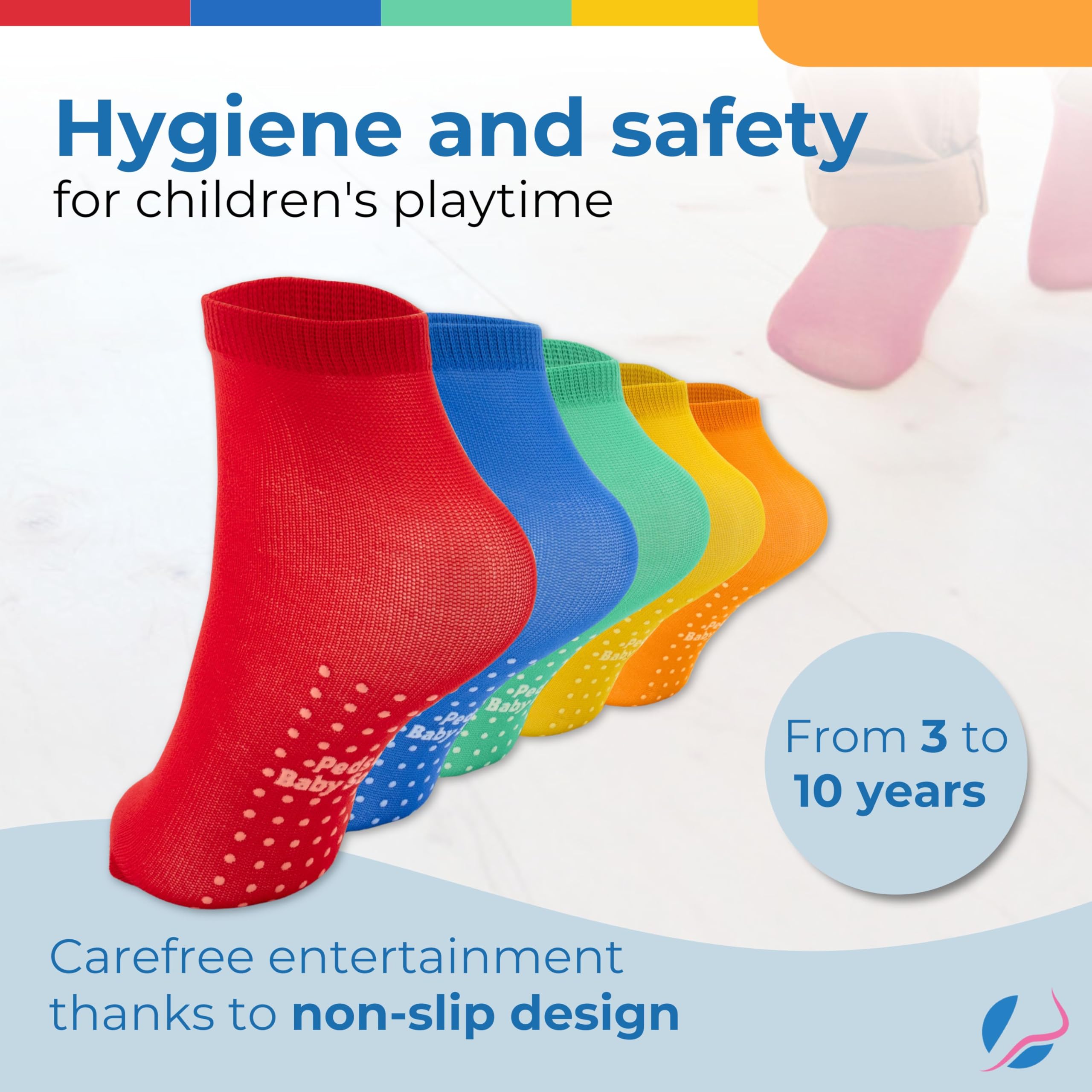 Rutschfeste Einweg-Hygienesocken für Kinder, Schachtel mit 125 Paar Socken, Verpackt in 1-Paar-Säcken, Ideal für Spielplätze, 3–10 Jahre, Einheitsgröße, Farbmischung