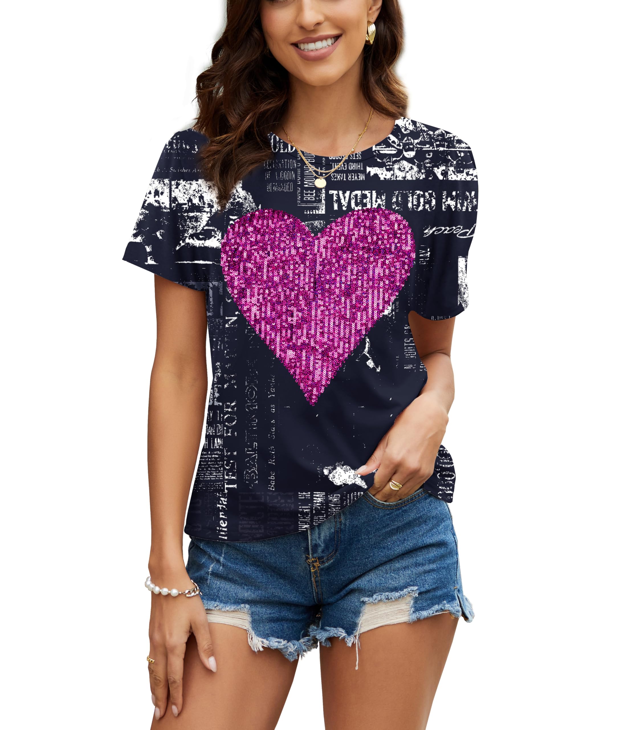 PESION Womens Short Sleeve T-Shirt Sequined Tops O-Neck Funny Graphic Tees Blouse
