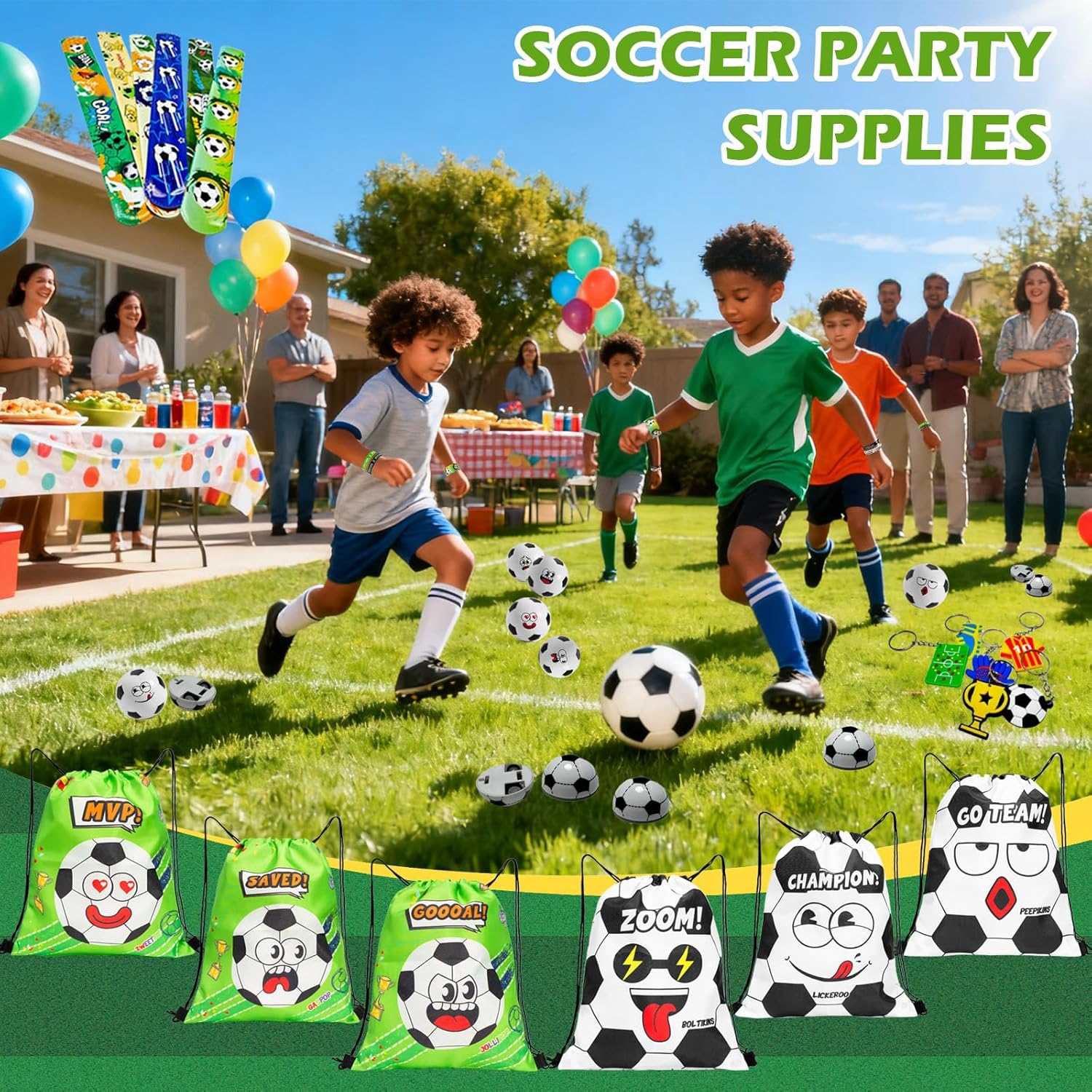 122 Pcs Soccer Party Favors for Kids - Themed Goodie Bag Set with 12 Funny Face Drawstring Bags & Stress Balls, Pull Back Cars, Wristbands, Slap Bracelets, Keychains, Stickers for Party Supplies - Image 6