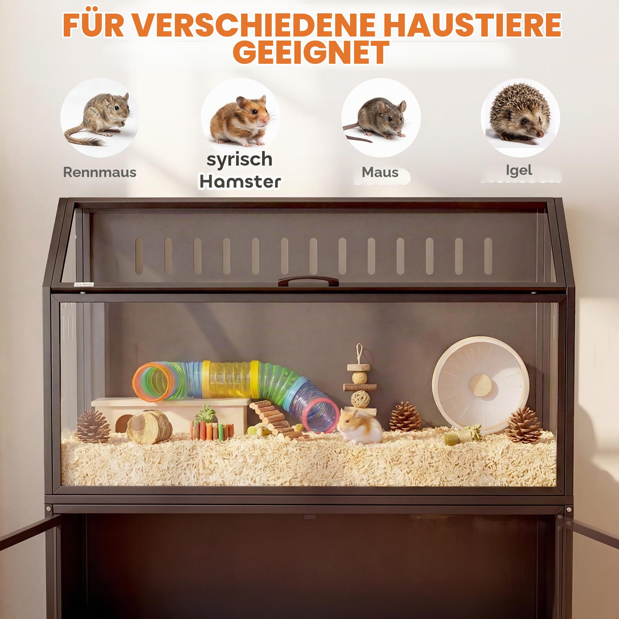 PawHut Hamsterkäfig 2-in-1 mit Aufbewahrungsschrank – Riesen-Lebensraum 104 cm für Nagetiere aus Stahl und transparentem Acryl – großer Käfig Design für syrische Hamster und Mäuse, schwarz