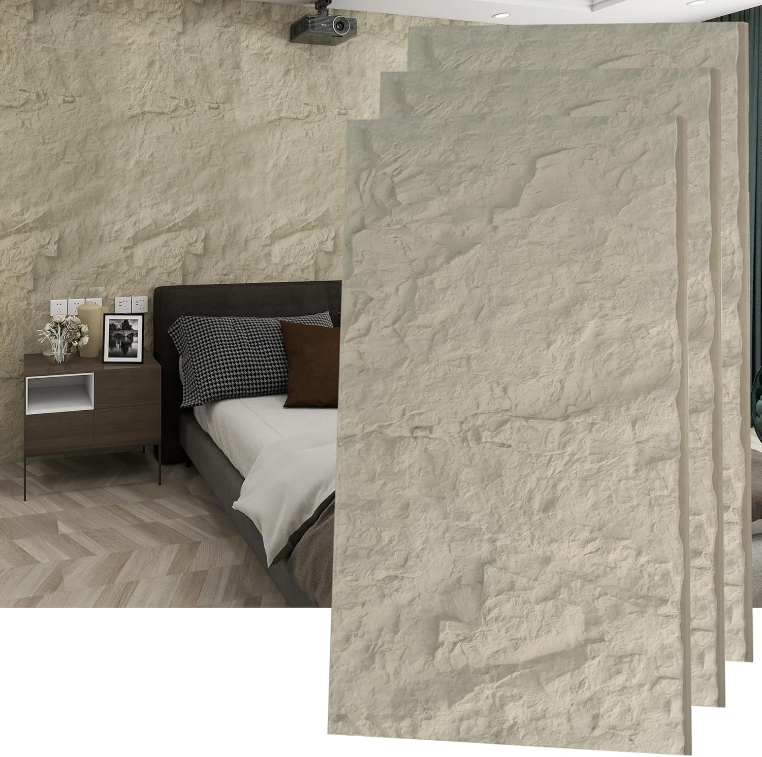 KASARO 3D Faux Stone PU Wall Panels, 3 Pieces Wainscoting Panel Accent for Interior Wall Decor, Waterproof Wall Covering, 47.24 × 23.62 inch, Cement Lily 3 PCS Cement Lily