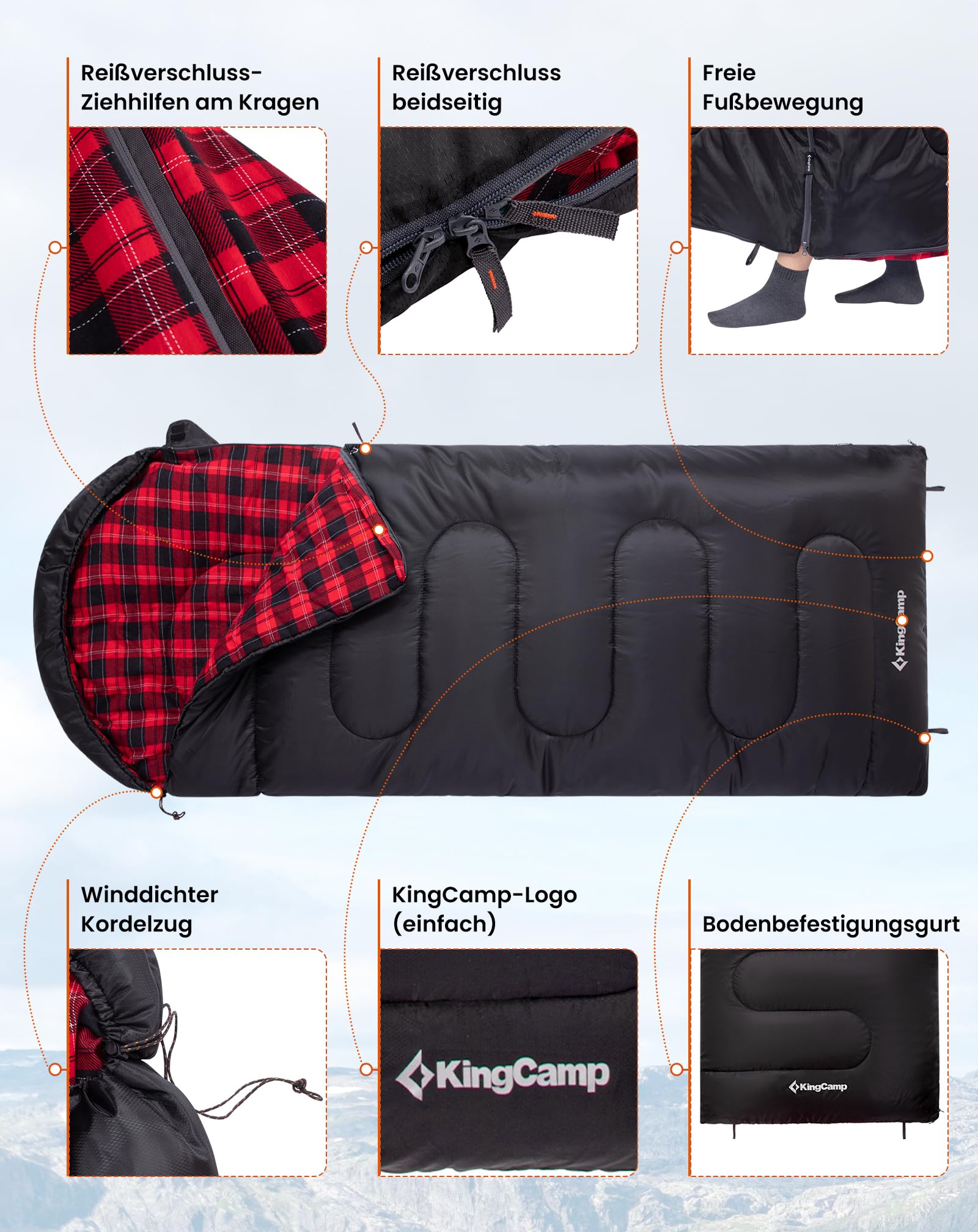 KingCamp Schlafsack für Erwachsene, Winter, Flanell, kompakt, 3-4 Jahreszeiten, Decke für Camping, Reisen, Zelte, Wandern, Outdoor, Indoor, 4 ℃ bis -15 ℃/230 x 90 cm