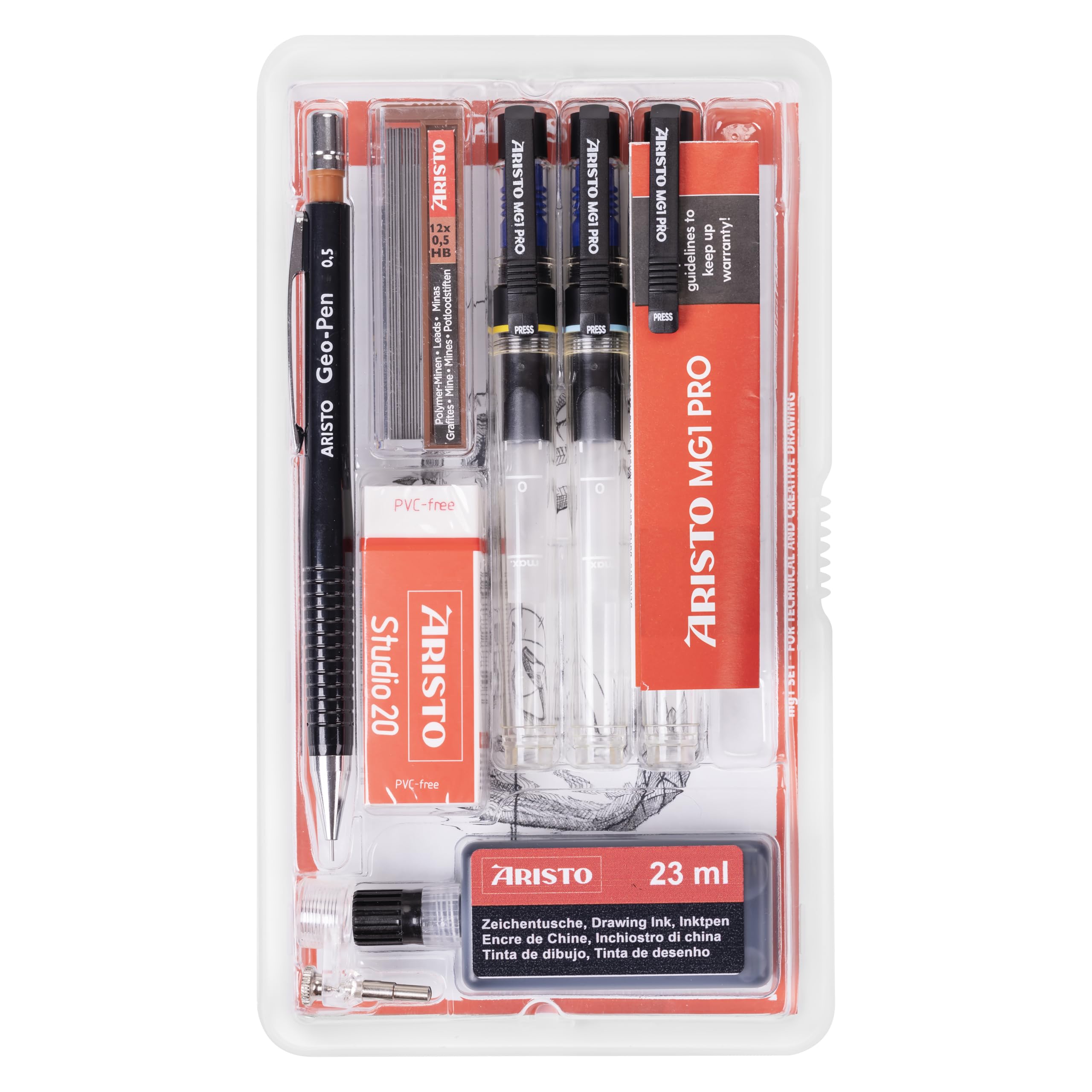 Aristo AR64150 - Estuche con bolígrafos MG1 (0,35, 0,5 y 0,7 mm), portaminas fino, tinta china y 12 minas
