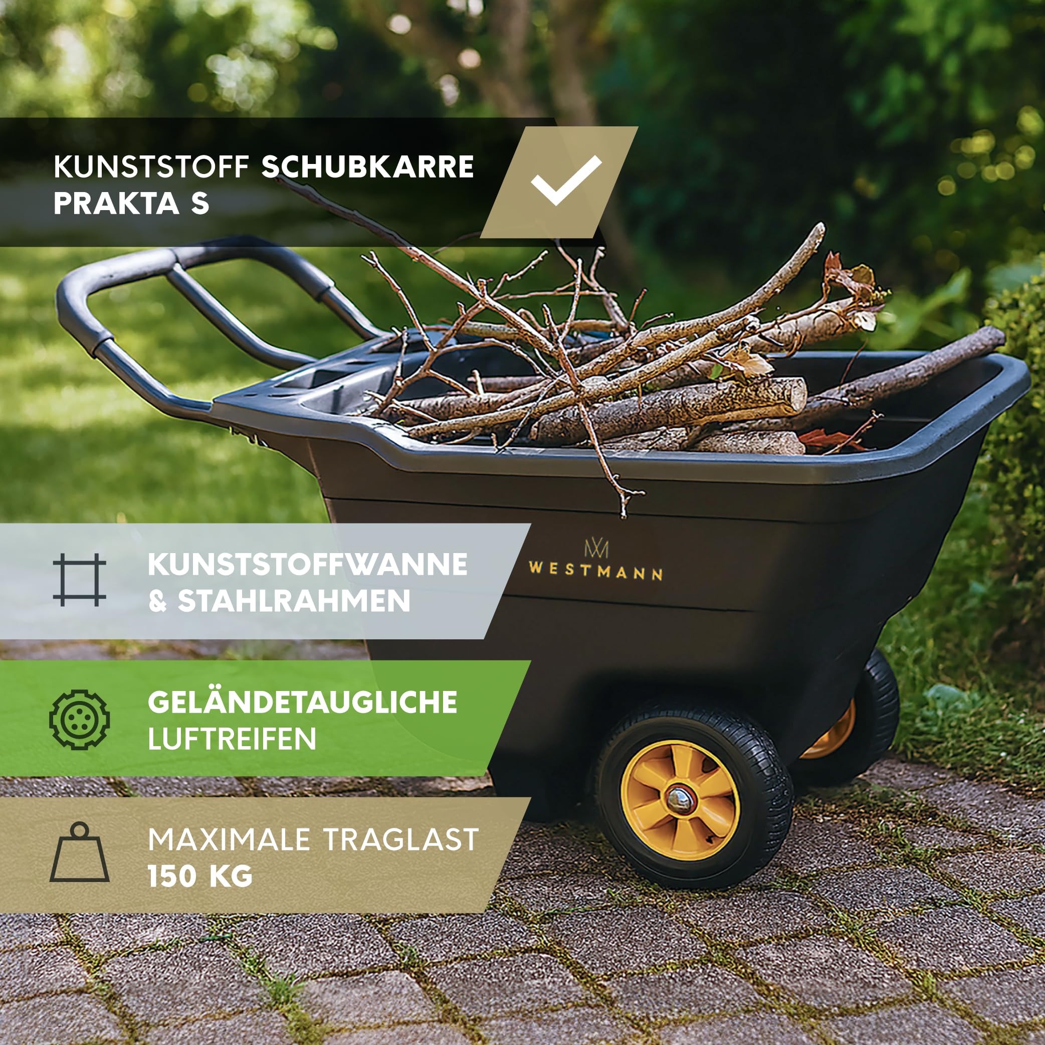 Westmann Prakta S Schubkarre | Kunststoffwanne mit Stahlrahmen | Luftreifen & Kippfunktion | 90 L | Traglast 150 kg (90 L)