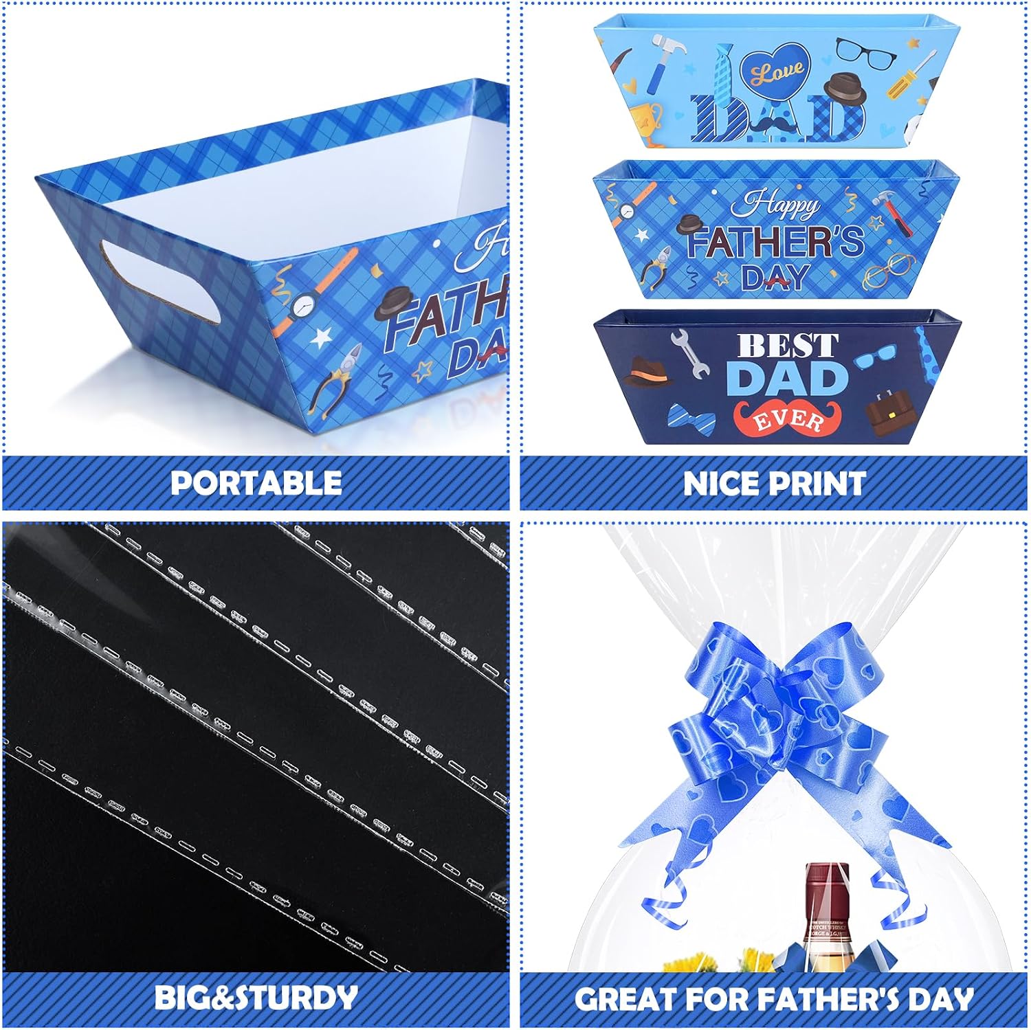12 Sets Father’s Day Gift Basket Empty with Transparent Cellophane Bags,Blue Cardboard Father Gift Basket Bulk with Pull Bows Ribbons to Fill for Fathers Day Birthday Party Wrapping Gifts