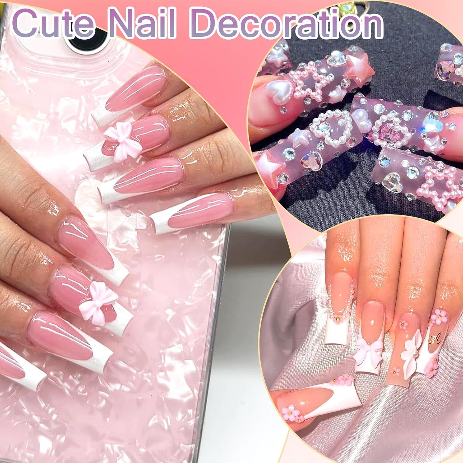 ATIMORY 1000PCS Bow Nail Charms White Pink Nail Bows Cute White Heart Star Coquette Nail Decoration Flatback Pearl Beads Tiny Flower Charms Nail Accessories with Tweezer Pickup Pencil - Image 3