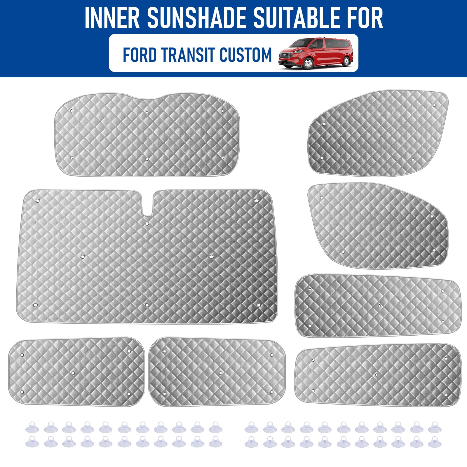 8 piezas de alfombrillas térmicas para cabina del conductor compatibles con Ford Transit Custom LWB, parasol interior del automóvil, cubierta de parabrisas, juego de persianas térmicas para