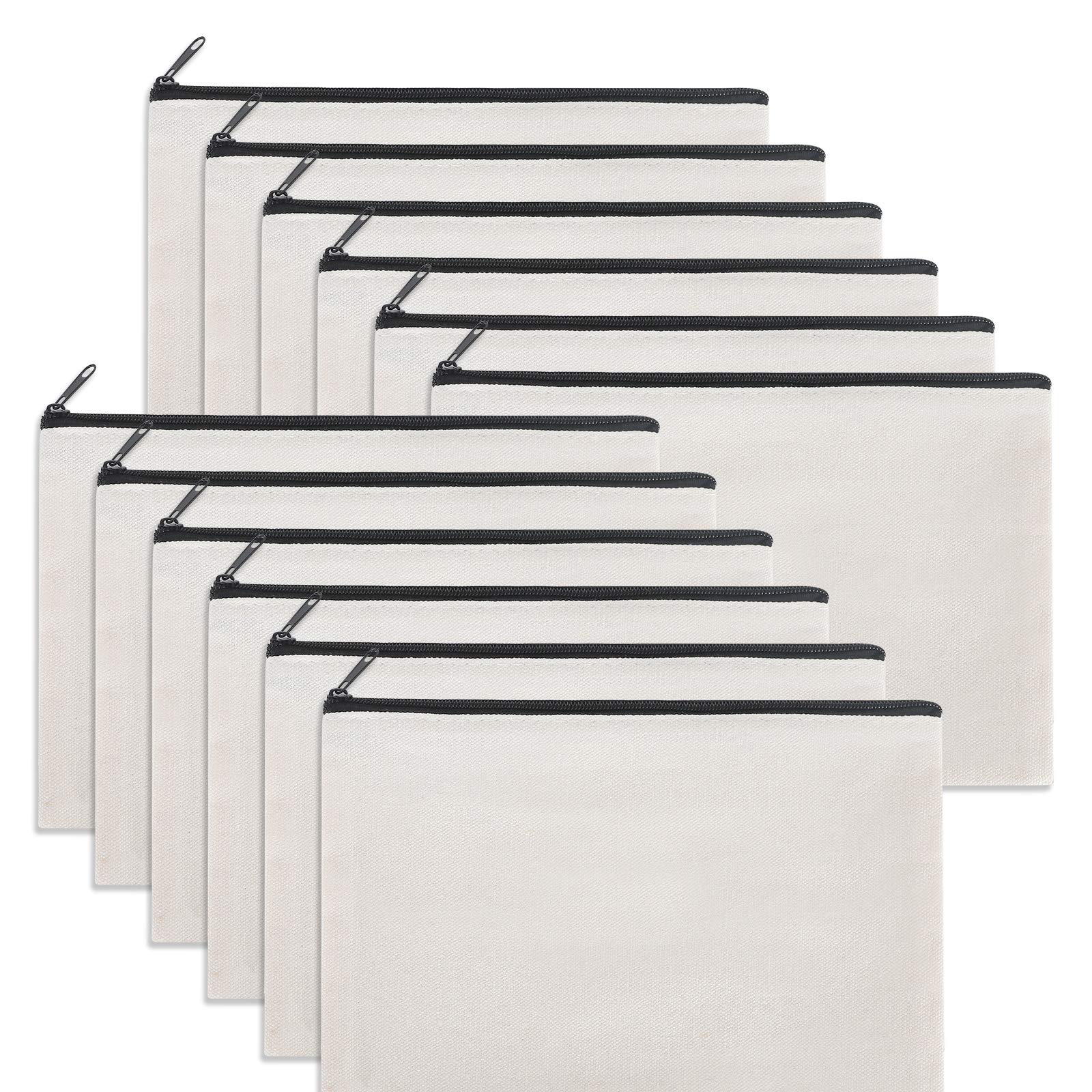 Sinzip 12 Pieces White Cotton Canvas Makeup Bag, Multipurpose Cosmetic Bag with Zipper Travel Toiletry Pouch, Blank DIY Craft Bag (White, M)