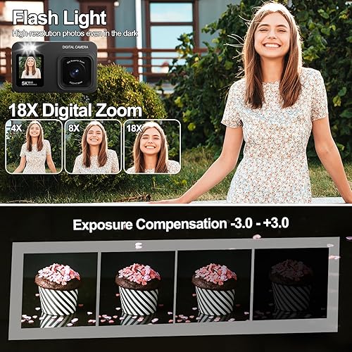 Miniatura 7 de Cámara digital de doble pantalla 5K mejorada, cámara de fotografía de vlog de 80 MP para YouTube, campus, viajes, cámara compacta de apuntar y