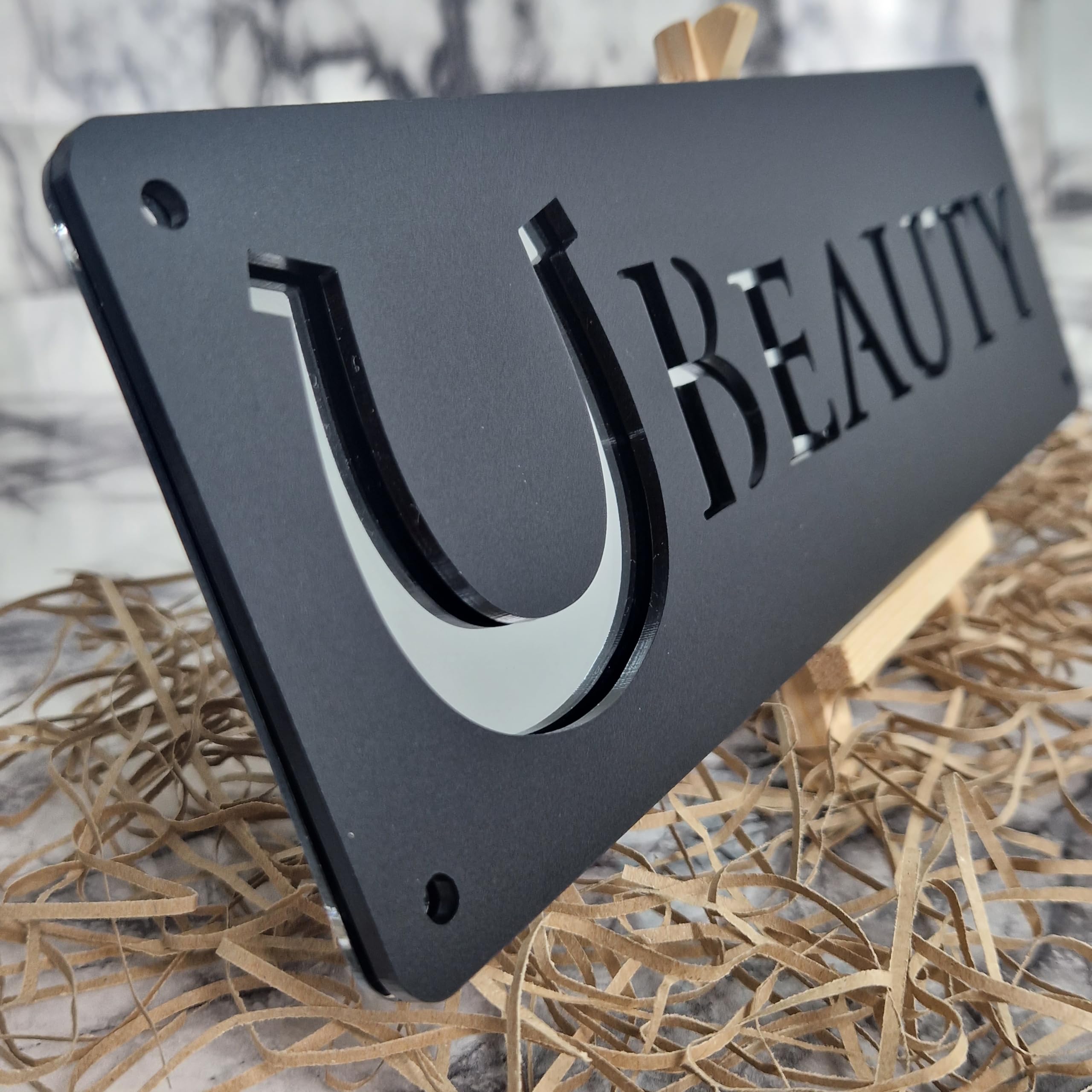 Silver Mirror and Black Personalised Horse stable Pony laser cut name door plate sign (L1-Horse Shoe)