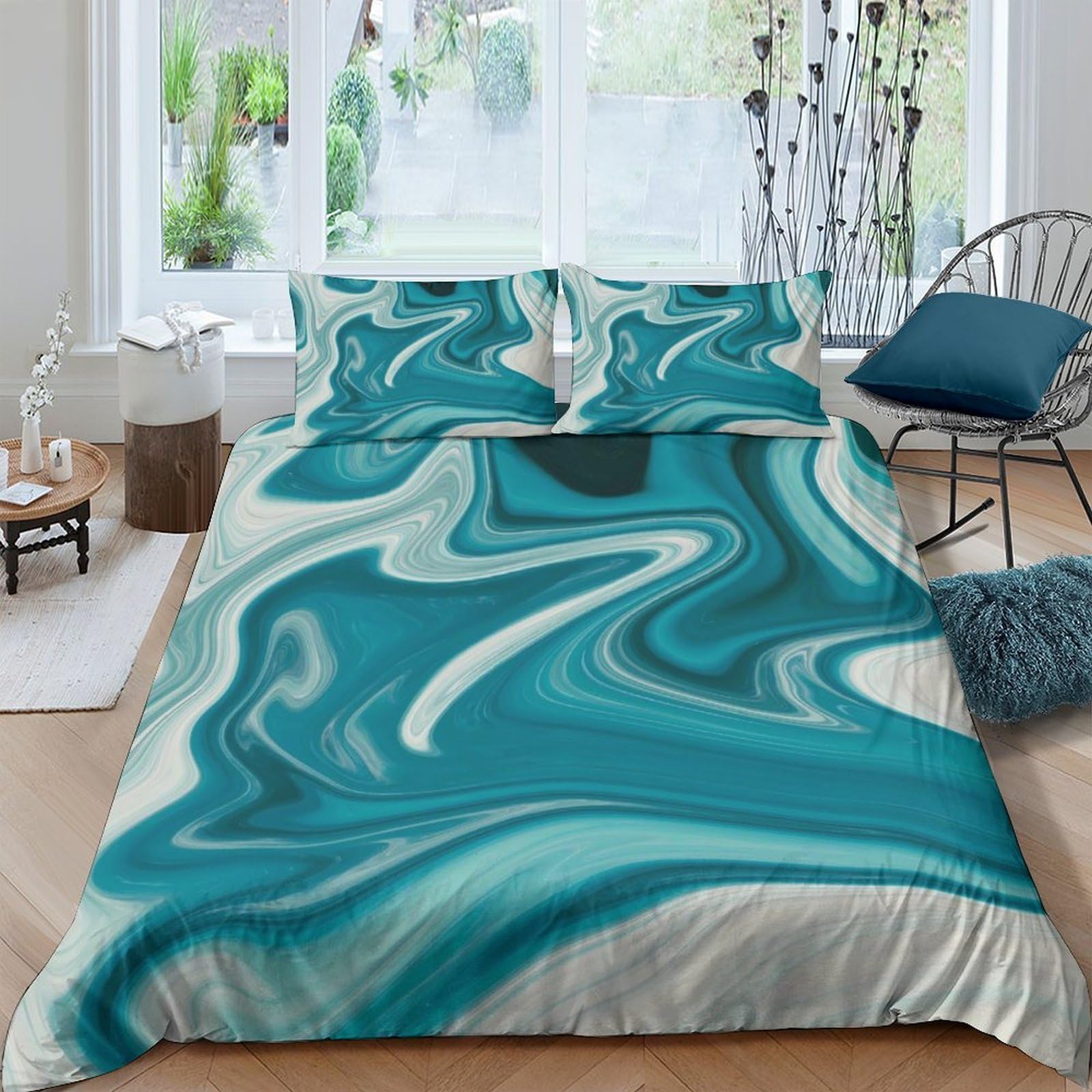 Ctjqhvkz Style-7 3D Printed Teal Marble Fitted Sheet Microfiber Soft Breathable Abstract Wave Bed Cover For Bedroom Guest Room Decor Single（135X200cm）