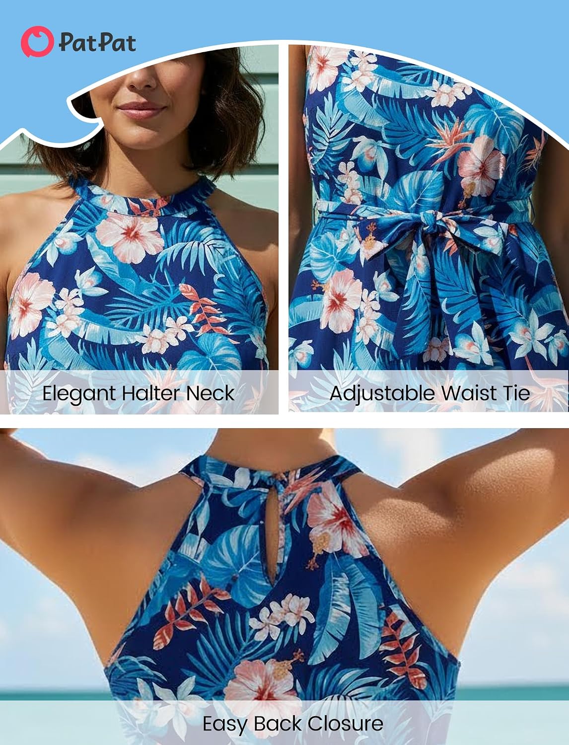 PATPAT Family Hawaiian Matching Outfits Mommy and Me Outfits Caribbean Vacation Summer Tropical Halter Sundresses and Shirts