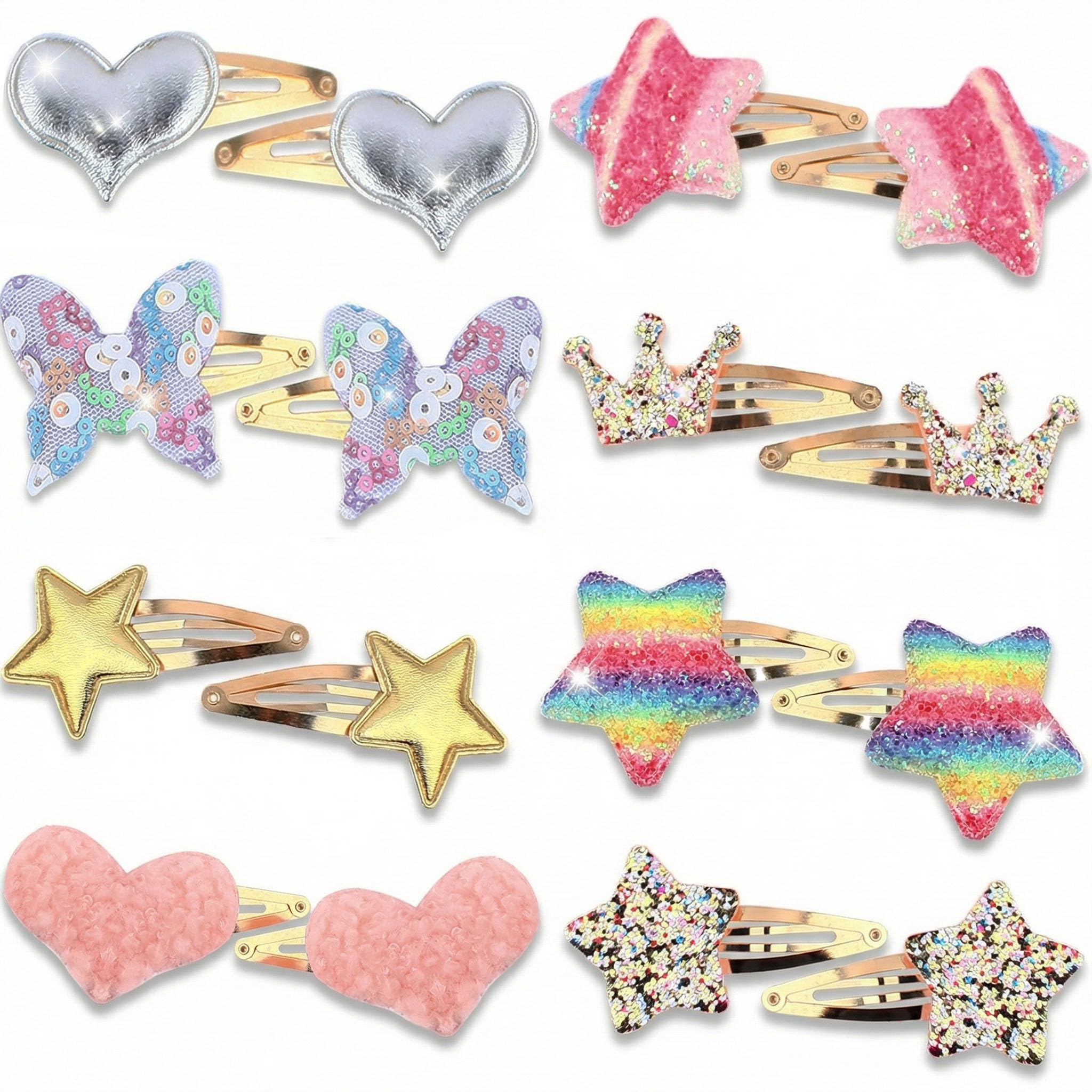 Haarspangen für Mädchen, Herz-, Schmetterlings-, Stern-, Kronenform, Kunststoff, bunt und leicht, niedliches Haar-Accessoire für Kinder, 16 Stück