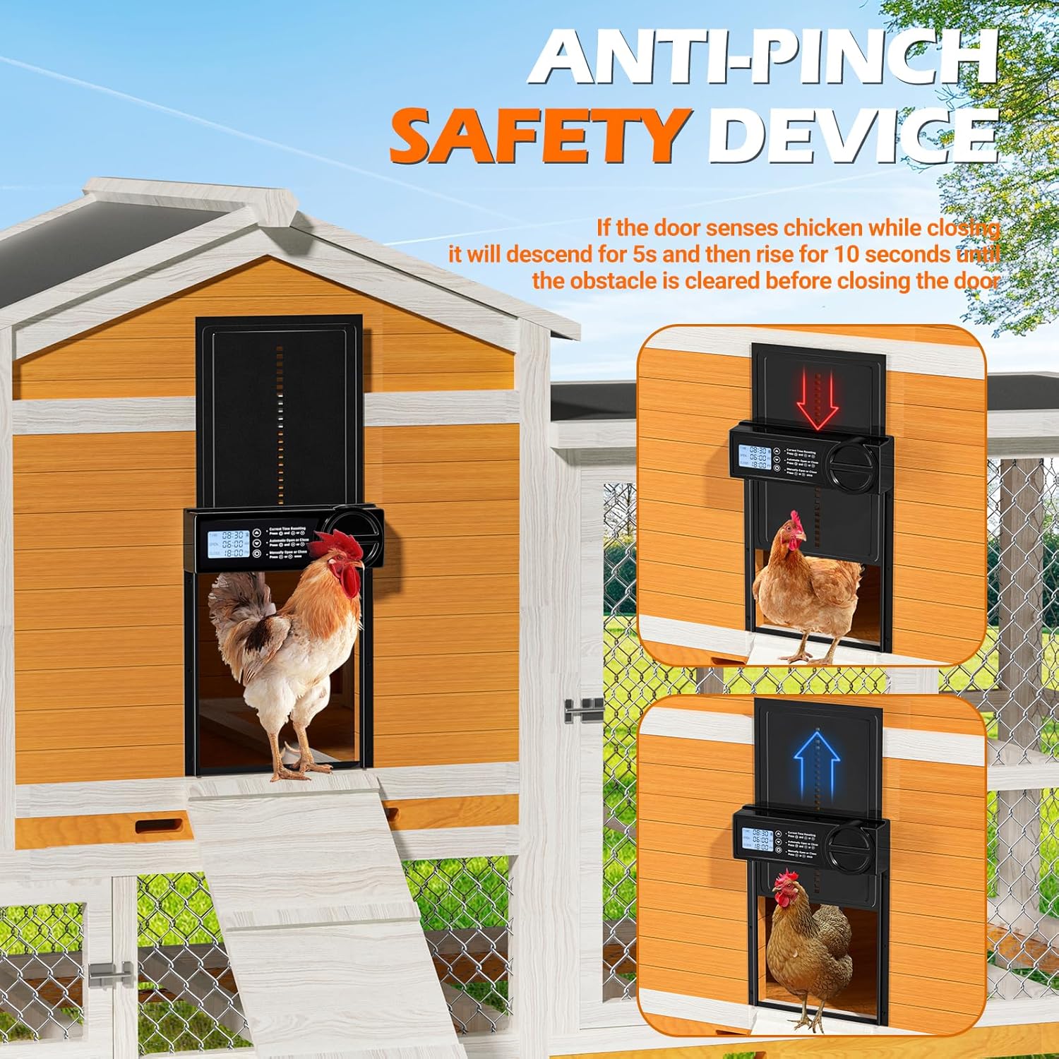 Illustration of the anti-pinch safety device, showing the door reversing if a chicken is in the path.