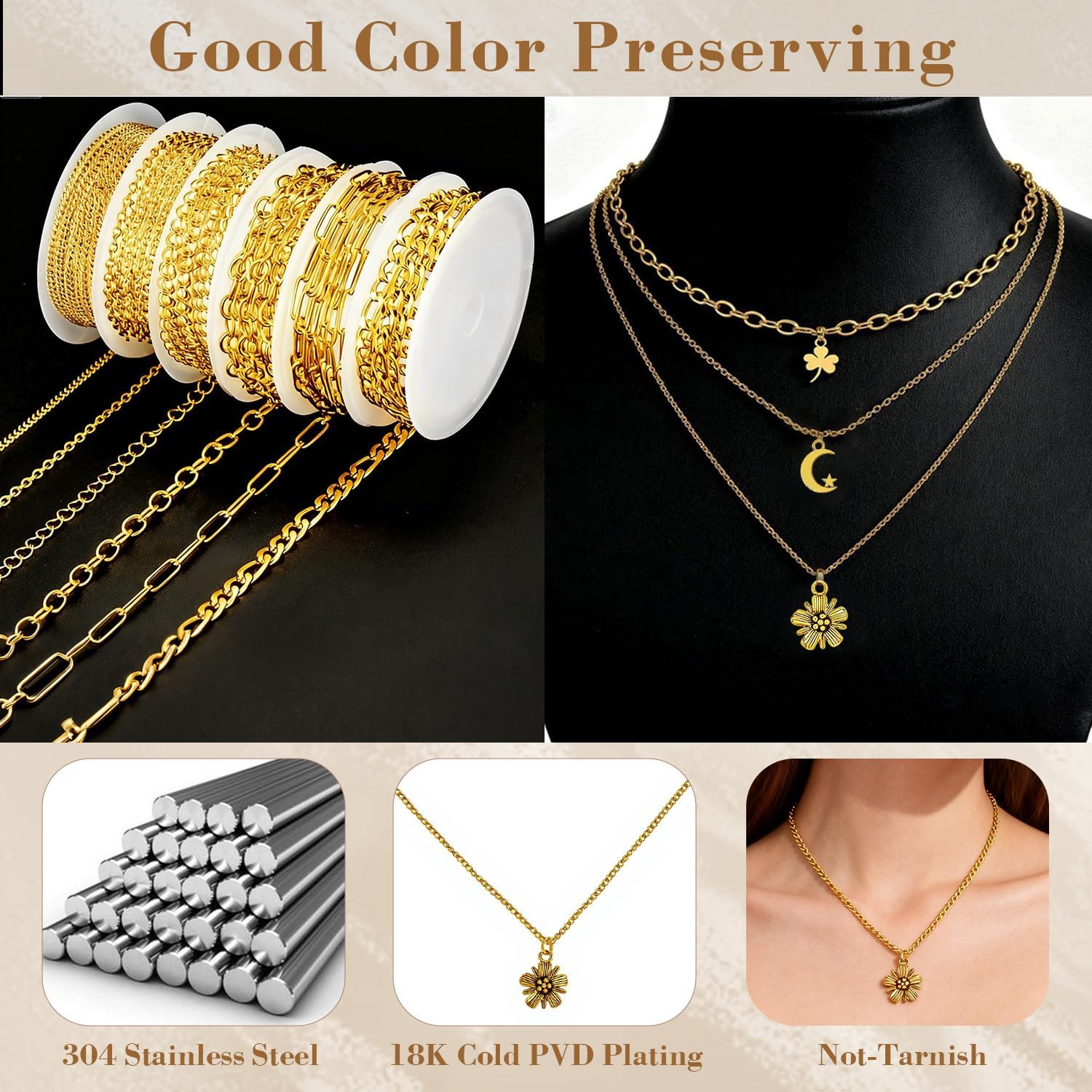 376pcs Gold Necklace Chain for Jewelry Making, 16.4ft 5 Rolls Jewelry Chains Bulk with Charm Pendants Jump Rings Lobster Clasps Pliers for DIY Necklace (Gold) - Image 2