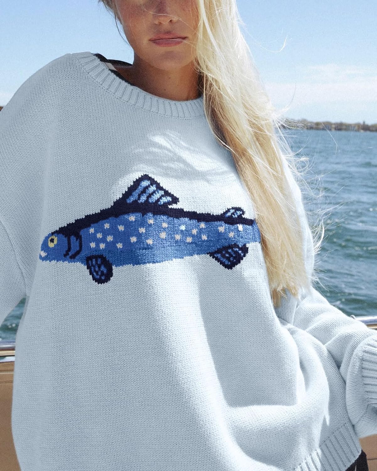 CHARTOU Women Fashion Crew Neck Rib Knit Crucian Carp Graphic Oversized Y2k Pullover Sweater Jumper - Image 2