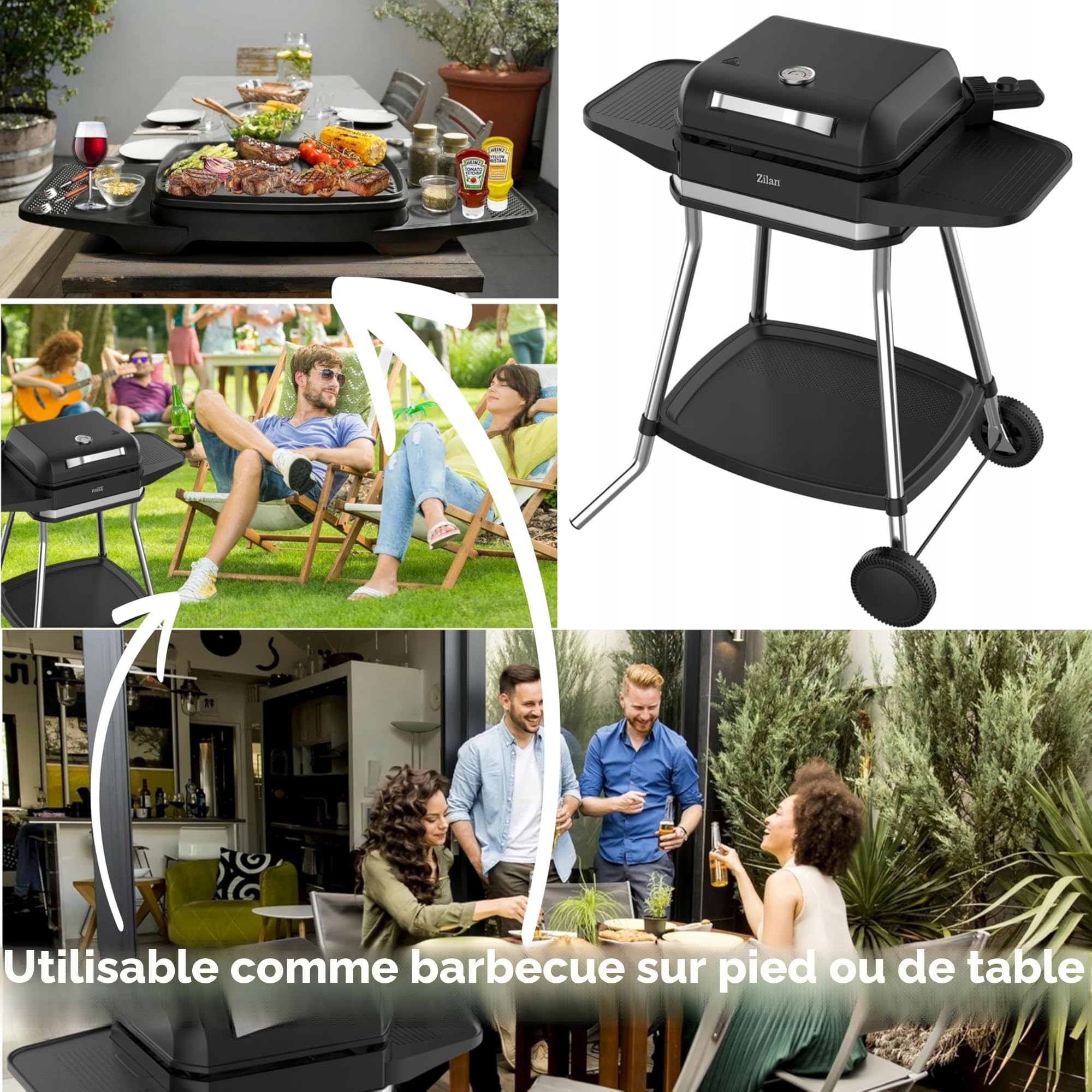 Barbecue électrique 2 en 1 3050 W avec pied grandes surfaces de cuisson régulateur de température