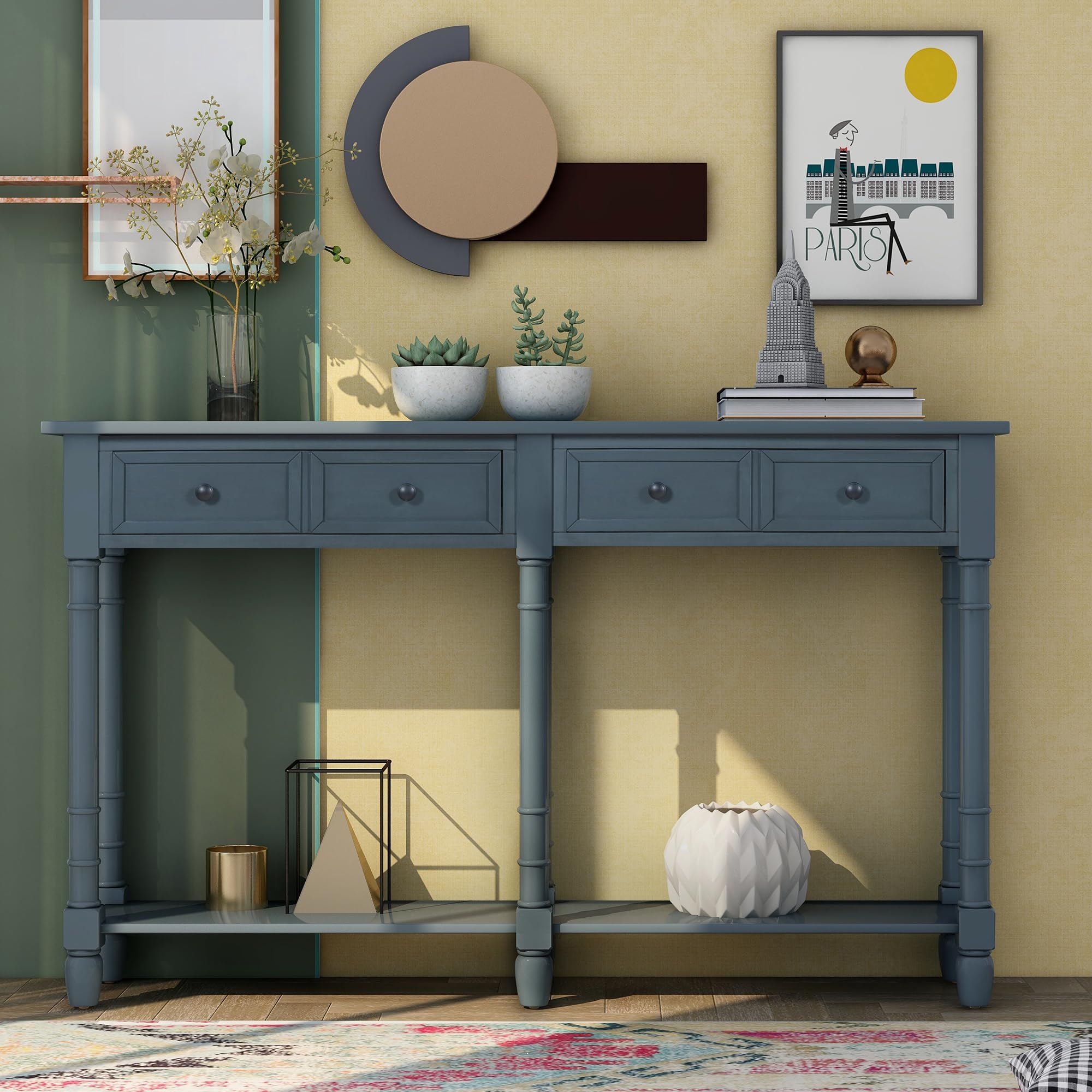 Merax 2 Tier Console Table with 2 Storage Drawers for Living Room, Narrow Entryway Table with Bottom Shelf, Sofa Table with Storage for Living Room, Antique Navy