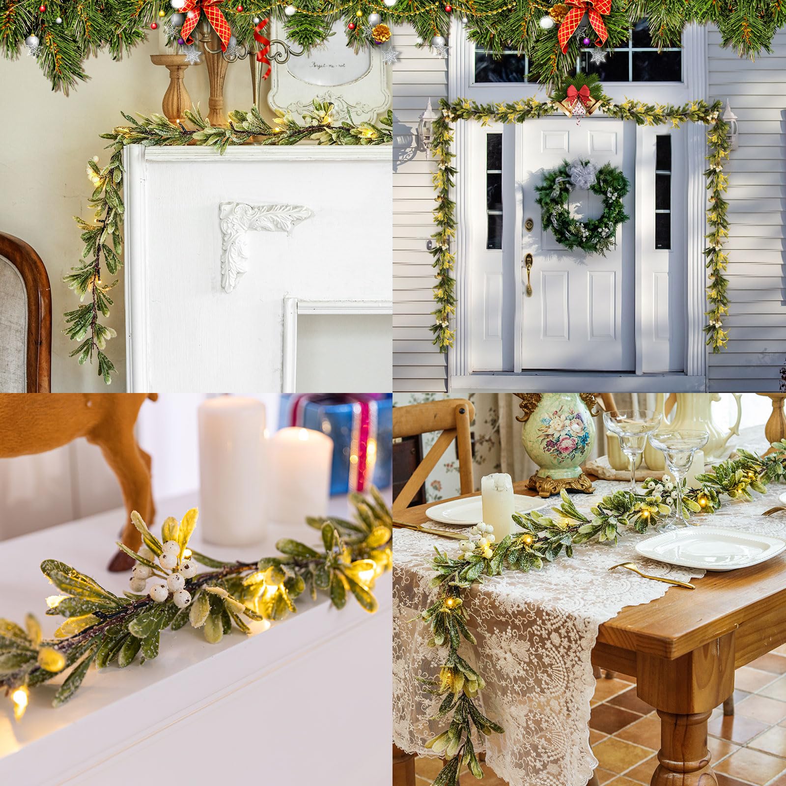 Ethlomoer 6.6FT Flocked Olive Christmas Garland Pre-Lit with 20 LED Lights, Battery Operated, Lighted Garland with Snowflakes for Mantle Fireplace Stairs, Christmas Decorations