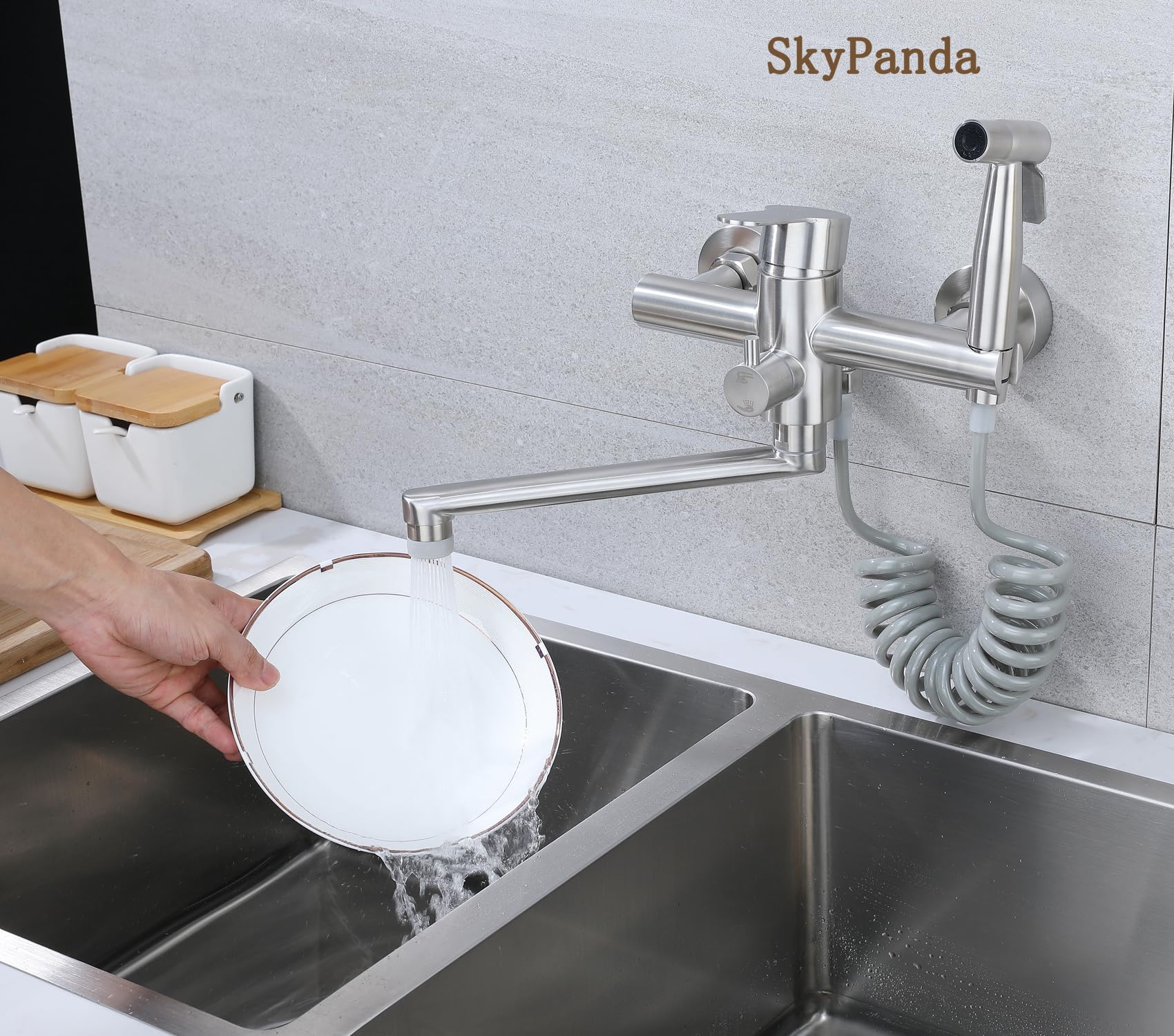Bateria kuchenna, kran kuchenny, montaż ścienny, armatura ścienna kuchnia z pistoletem natryskowym, obracany o 360° montaż ścienny, rura obrotowa 23 cm, ciepła i zimna, 4 tryby natryskowe, 304 tryby