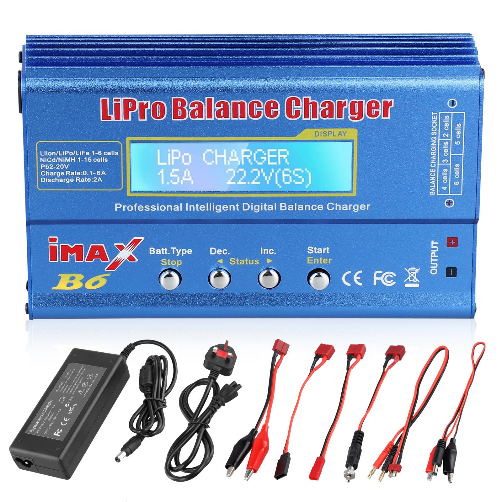 80W Lipo Battery Charger, Lipo Battery Balance Charger, 6A Rc Battery Charger with Complete power cord, AC Power Adapter for LiPo, Li-ion, NiMH, Li-ion, Li-Fe, NiCd, Rc Hobby, Pb,Blue