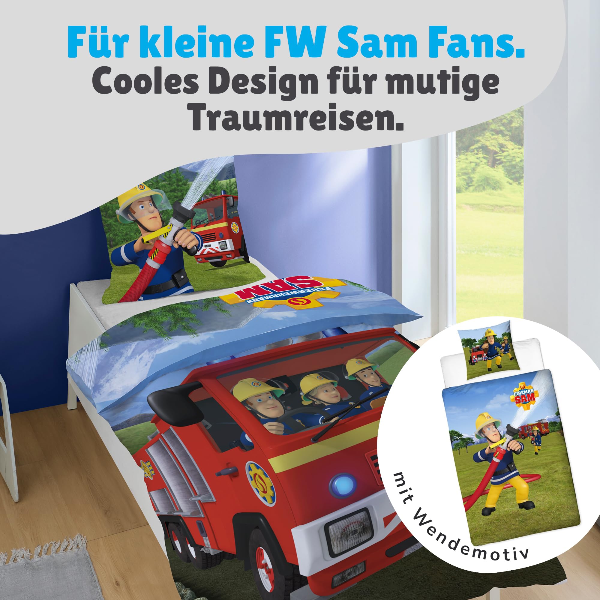 Familando – Feuerwehrmann Sam Bettwäsche-Set (2-teilig) – Decken- & Kissenbezug 135x200 cm & 80x80 cm mit Reißverschluss – 100% Baumwolle Renforcé – Hautfreundlich & kuschelig – Öko-TEX Zertifiziert