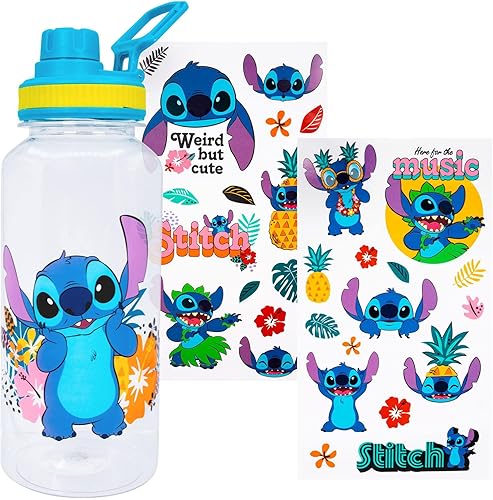 Silver Buffalo Lilo and Stitch - Botella de agua de plástico con diseño de flores tropicales con calcomanías You Stick Yourself, 32 onzas
