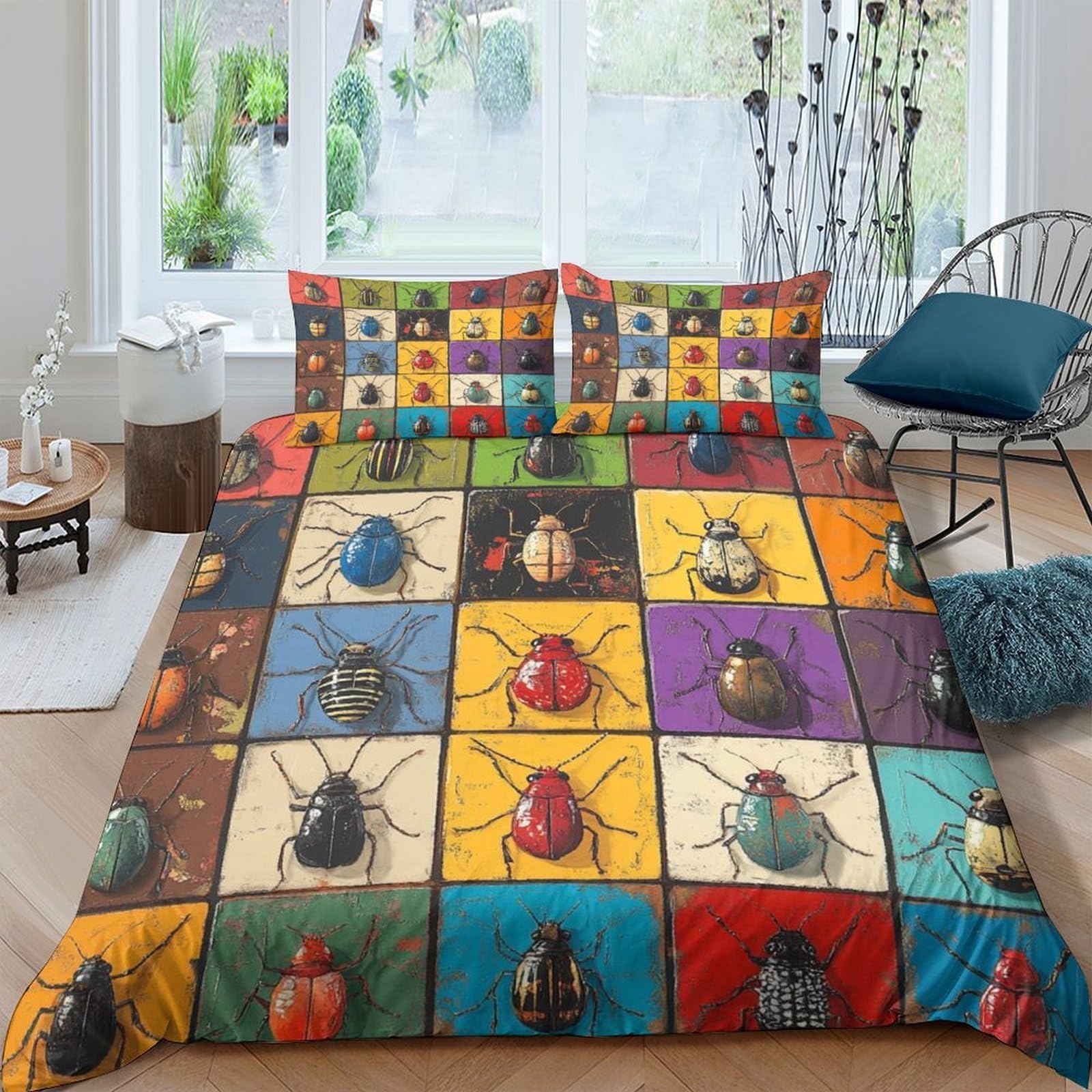 Ctjqhvkz Style-2 3D Printed Colorful Beetle Pattern Fitted Sheet Microfiber Soft Bed Cover For Bedroom Dorm Mattress Decor Protection Single（135X200cm）