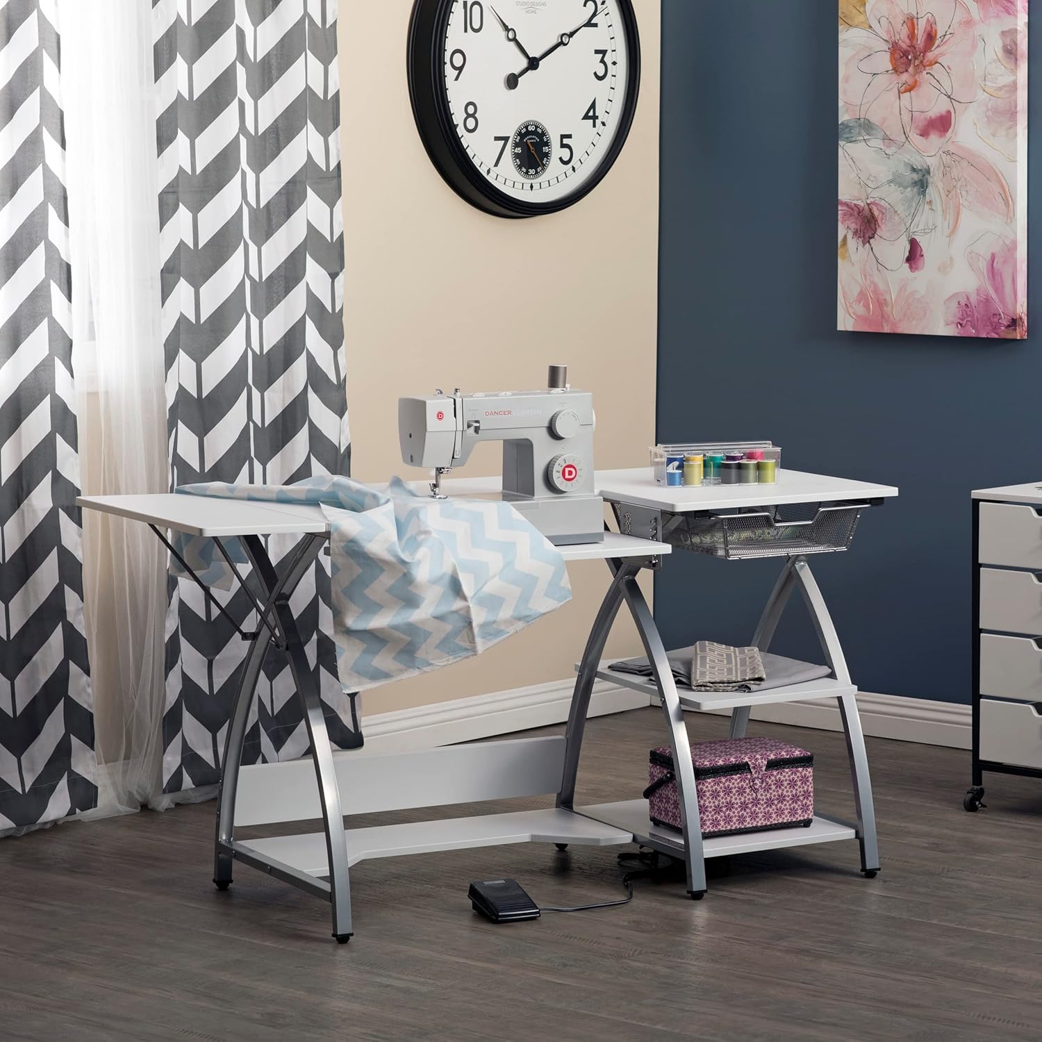 Comet Plus Sewing Table with Wire Mesh Drawer + Shelves - Can Also Be Used as Computer Desk