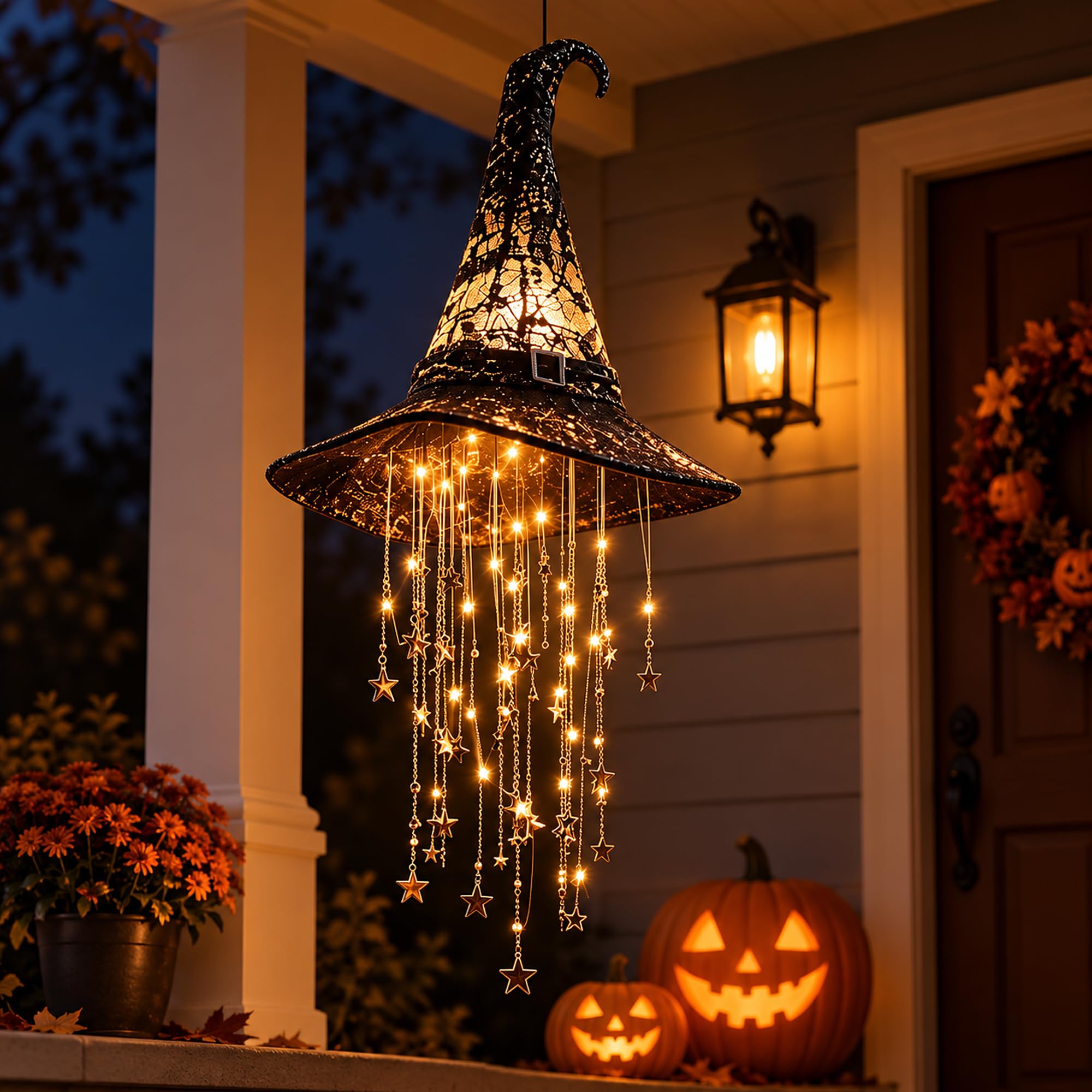 Lighted Witch Hat Hanging Chime, Halloween Decorations Outdoor Indoor