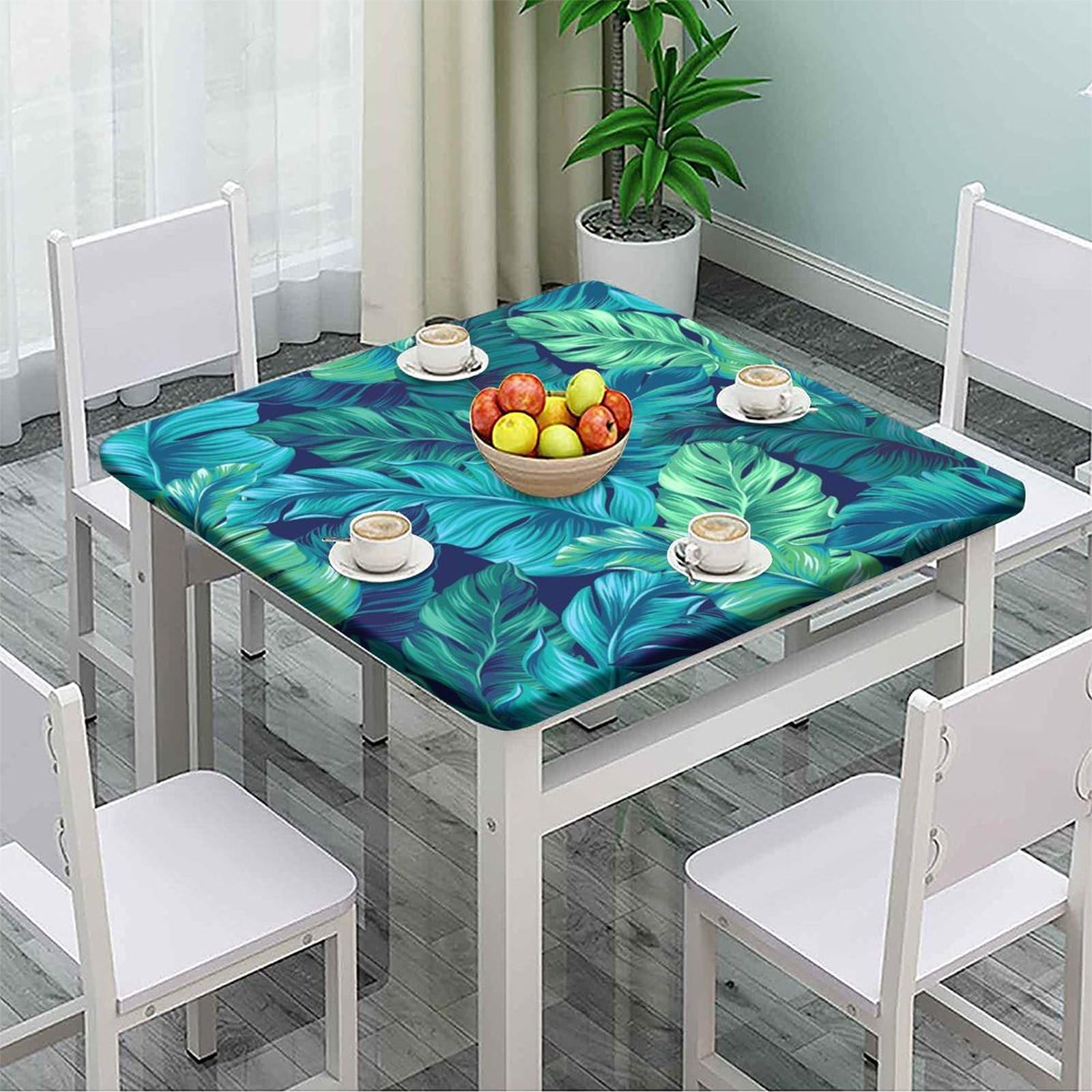 igoga sports Tropical Plants Fitted Table Cover Square, Palm Leaves Elastic Edge Tablecloth for Party Dining Home Picnic 28x28 in