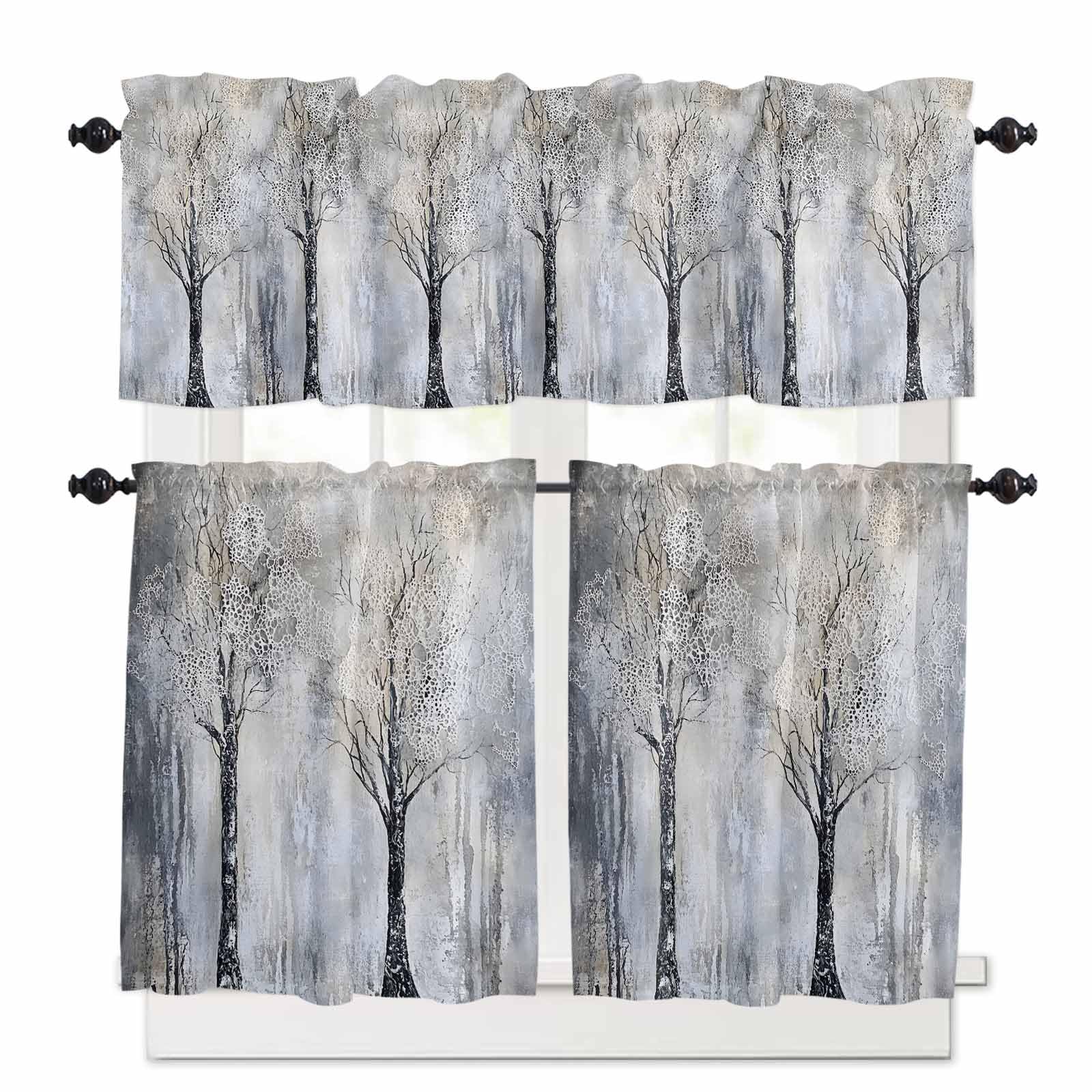 Grey Forest Kitchen Curtains 24 Inch Length, 3 Piece Rod Pocket Small Half Tiers and Valance Set, Abstract Watercolor Branch Trees Small Large Window Treatment Decor for Bedroom/Bathroom Sink