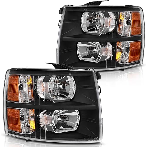 DWVO Headlights Assembly Compatible with 2007-2013 Chevy Silverado 1500/2007-2014 Chevrolet Silverado 2500HD 3500HD Replacement Headlamp Driver and Passenger Side Black Housing Amber Reflector