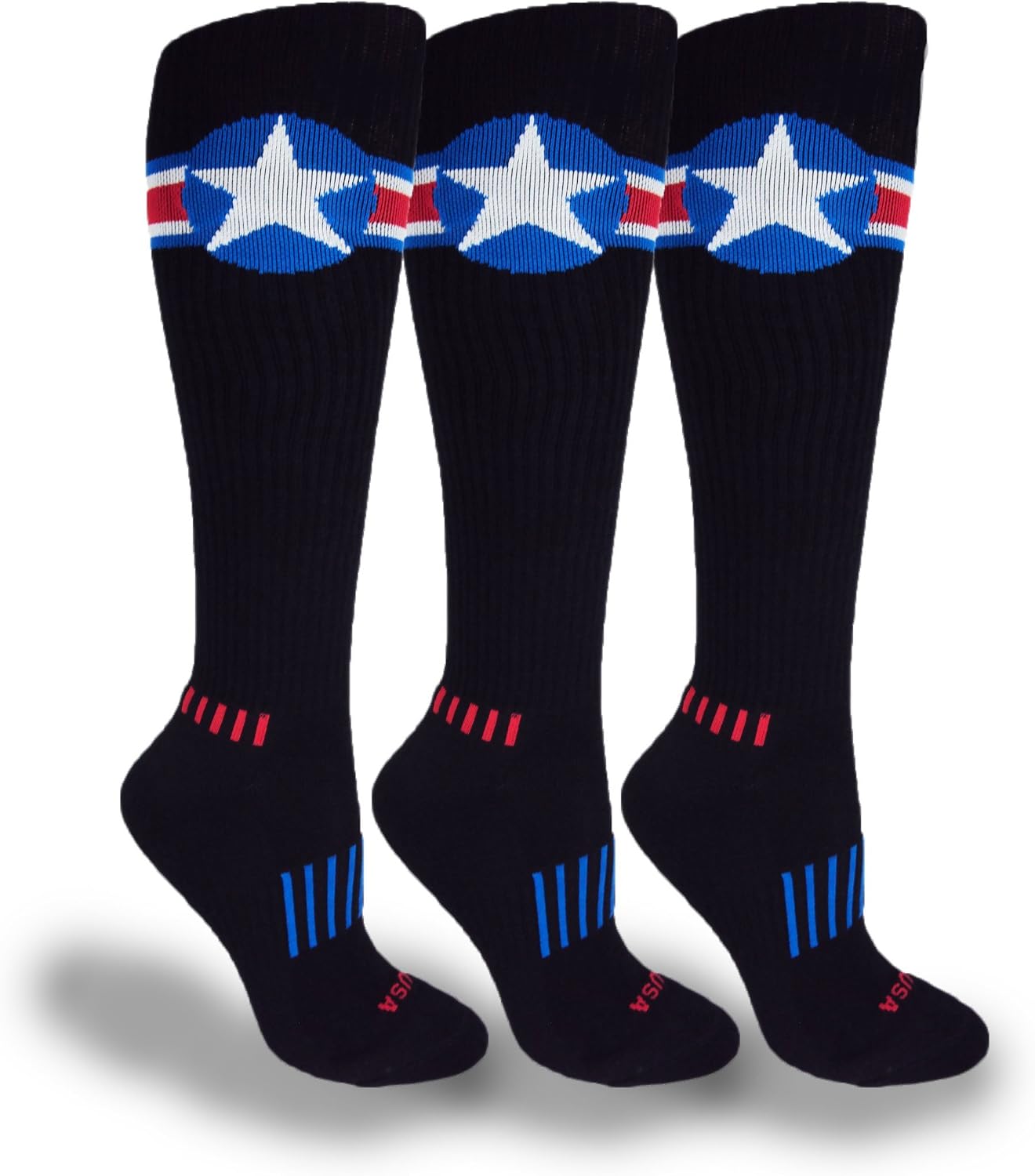 MOXY Socks American Star Knee High Socks 3 Pack, Black Red White Blue Athletic Knee Highs, Performance Training Workout Sports Socks, Team Spirit Tall Socks