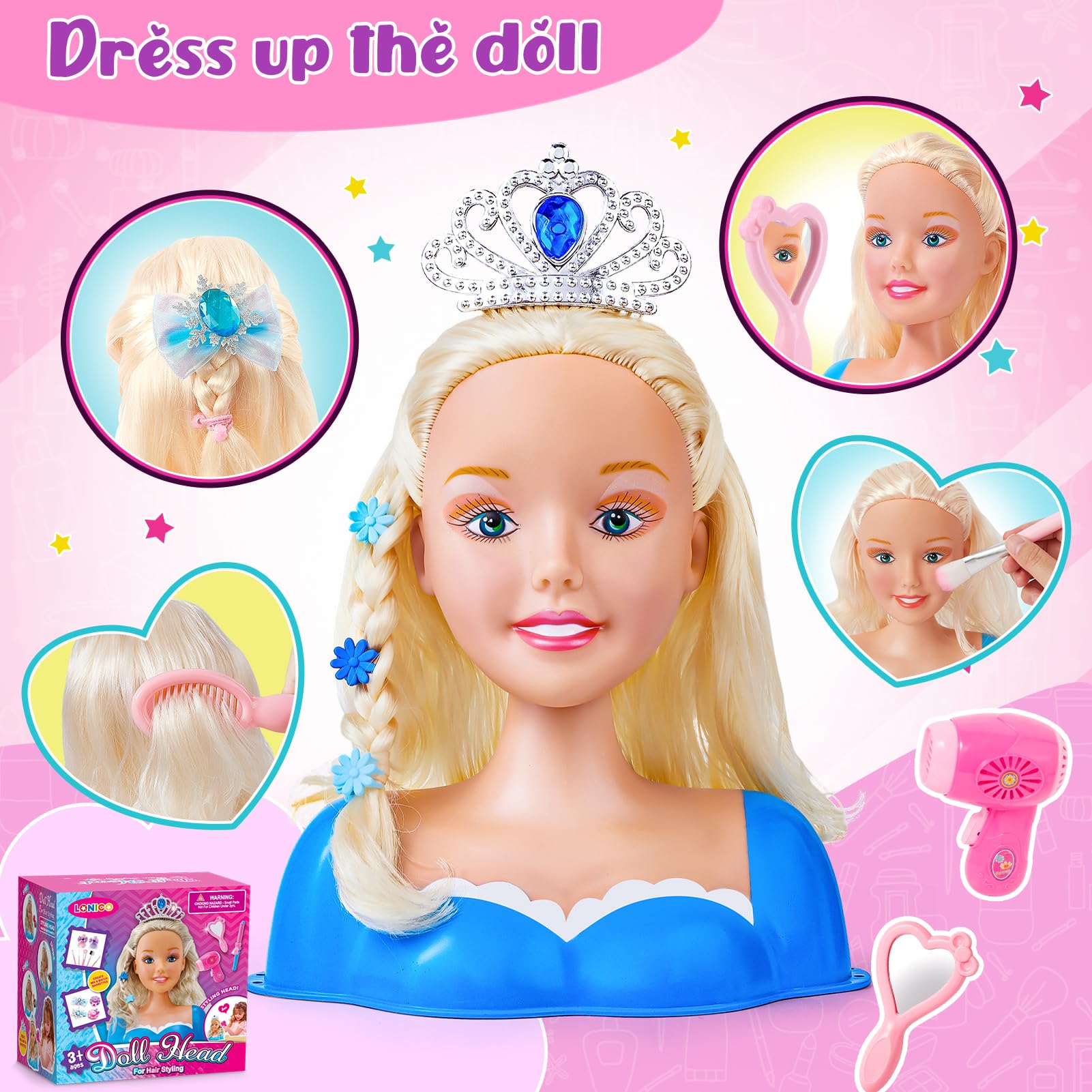 52Pcs Juego de Peluquería para Niñas Juguete Muñeca para Peinar de Cabeza Peluquería Accesorios, Make-Up and Hairdressing Juguetes de Maquillaje, Regalos de Cumpleaños para Niñas de 3, 4, 5 y 6 Años