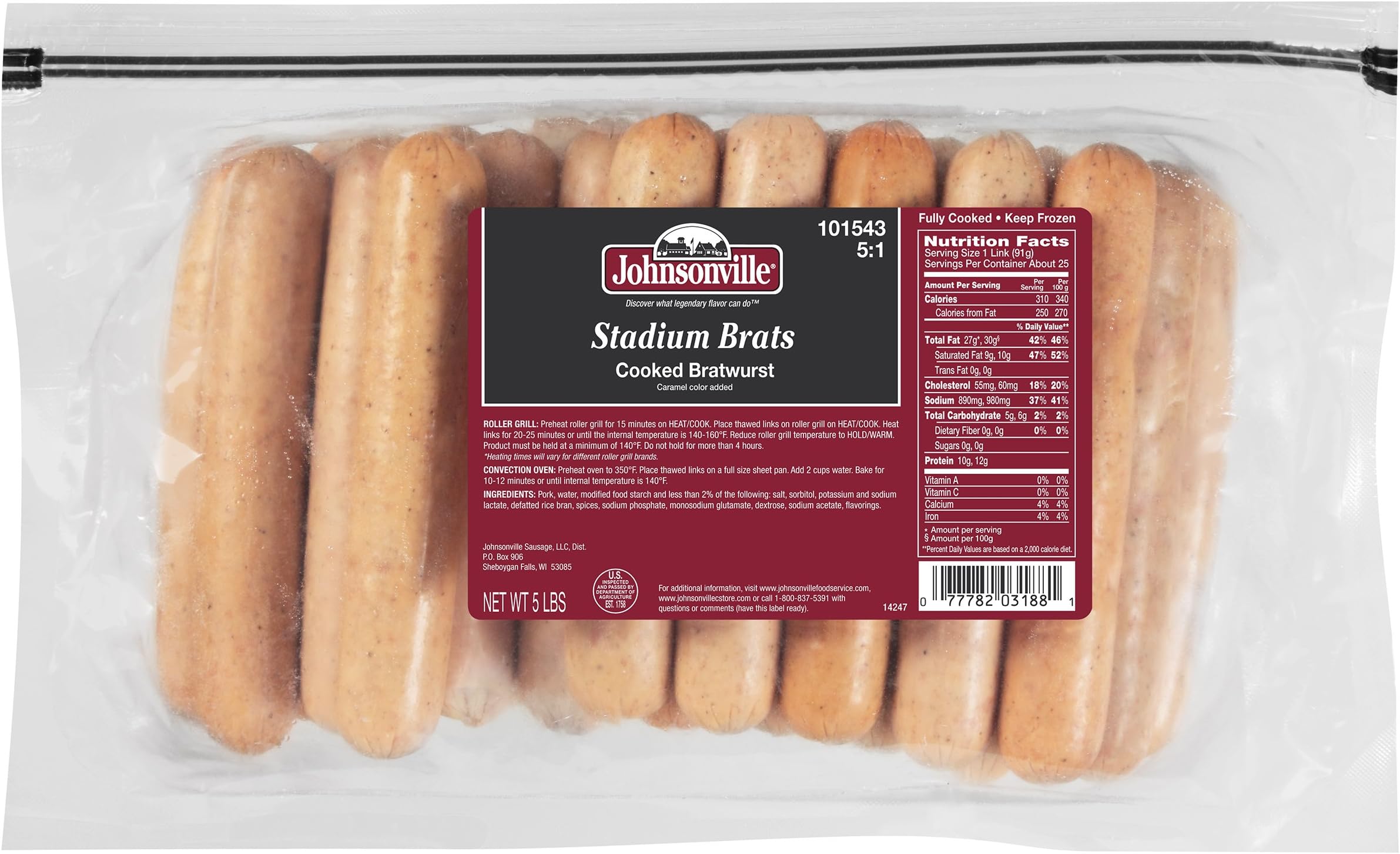 Stadium Style Cooked Bratwurst, 5 lb., (2 count)