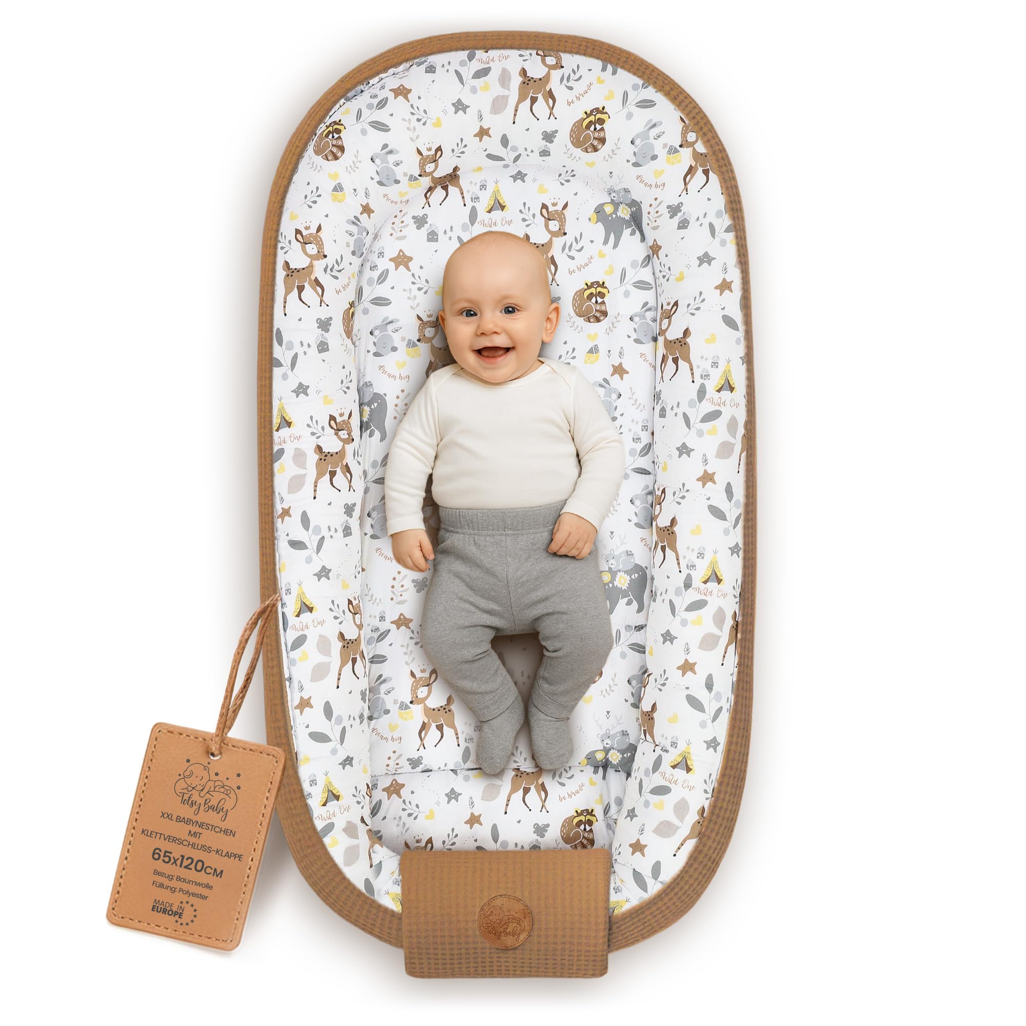 Kokon z zakładką i naszywką Totsy Baby bawełna jelonki i niedźwiedzie + wafel brązowy 65x120
