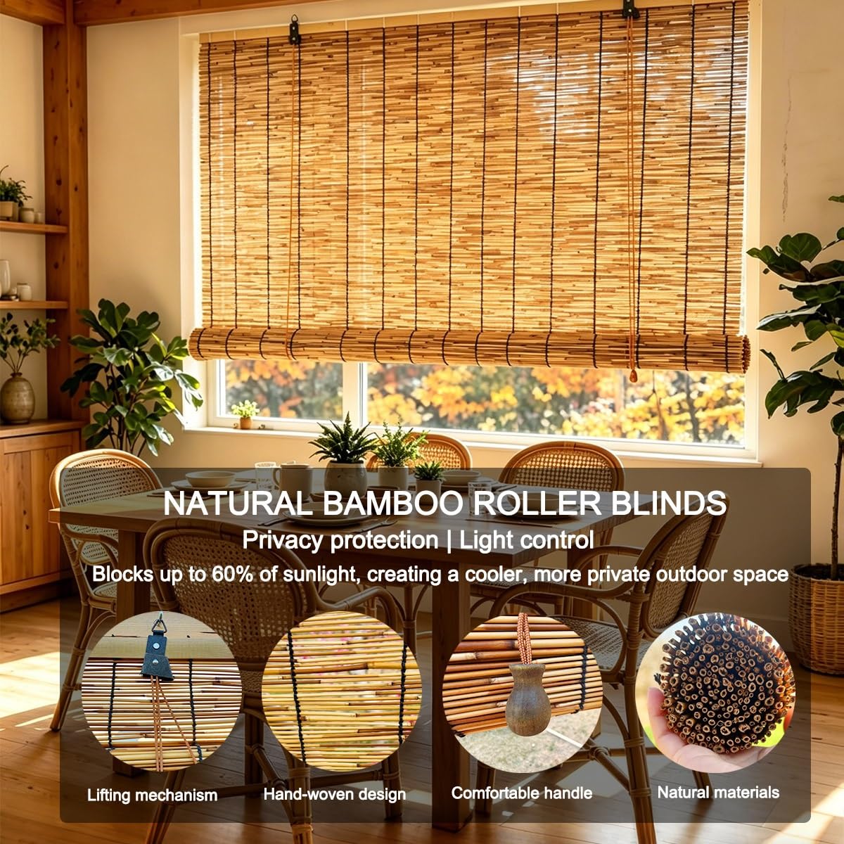 Store en Bambou Interieur sans Perçage, Store Enrouleur Bambou 60 75 90 100 115 130 145 160 cm, Rideau Romains avec Levage, Rideau de Roseau pour Extérieur Terrasse Véranda Pergola(W145 cm x H220 cm)