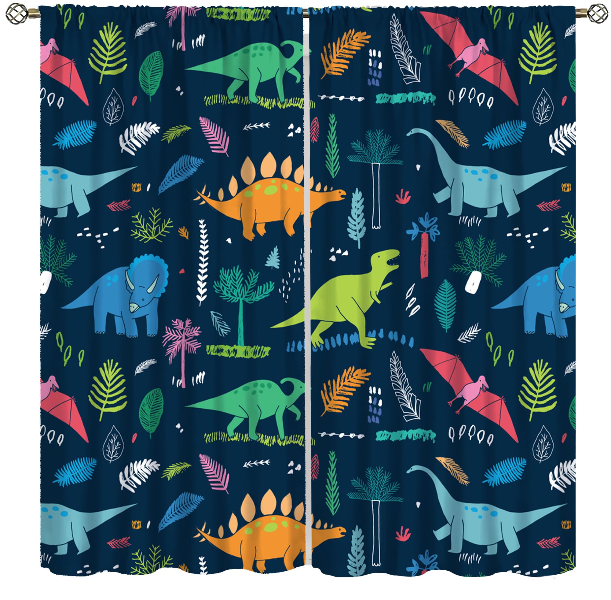 Toddler Dinosaur Curtains, Blue Cartoon Forest Plant Jurassic Cute Dinosaur Animal Blackout Windows Treatments, Thermal Insulated Drapes For Boys Kids