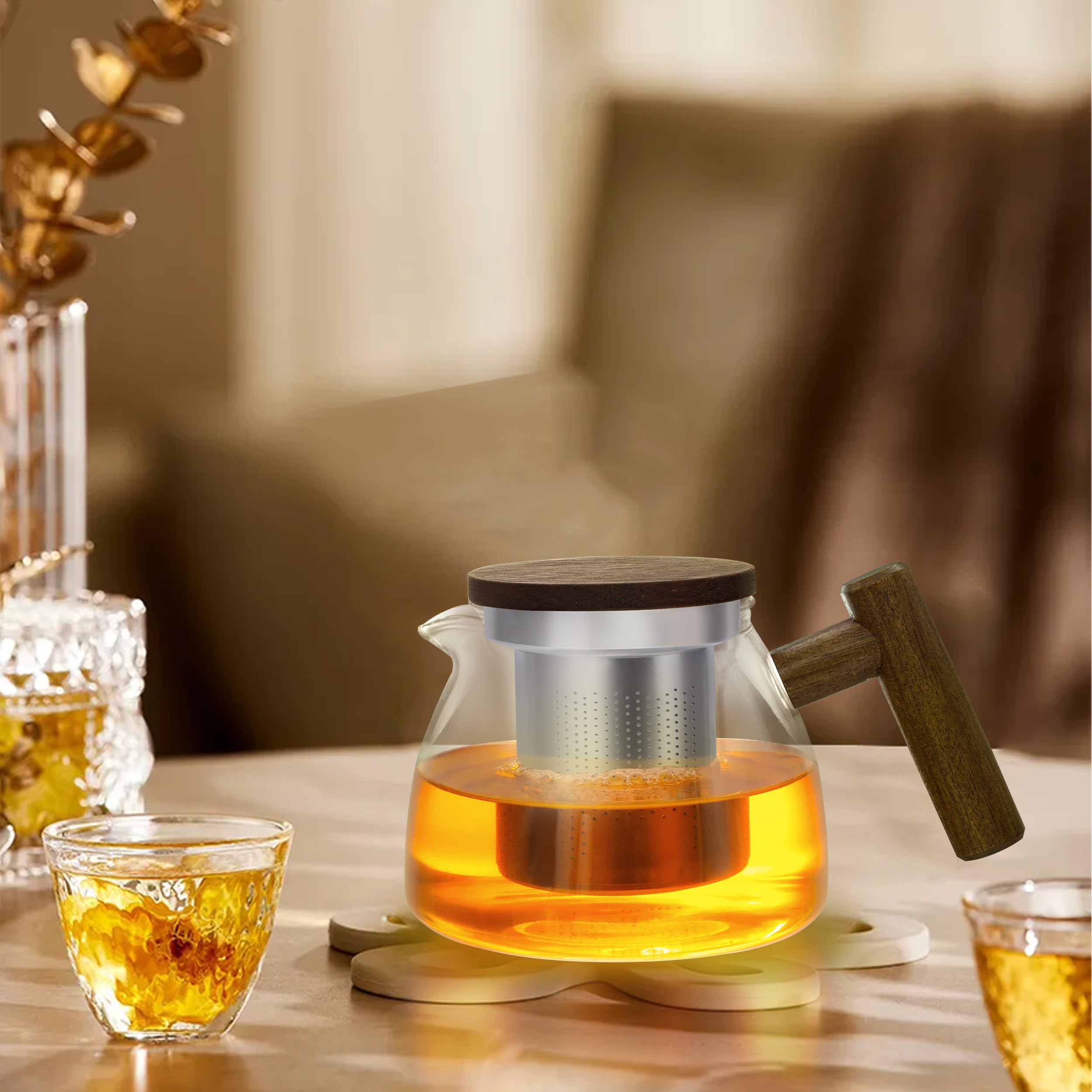 Lovegrace Glazen theepot met zeefopzetstuk, hittebestendig, roestvrijstalen filterzeef, oververhittingsbeveiliging, ideaal voor losse thee (1100 ml
