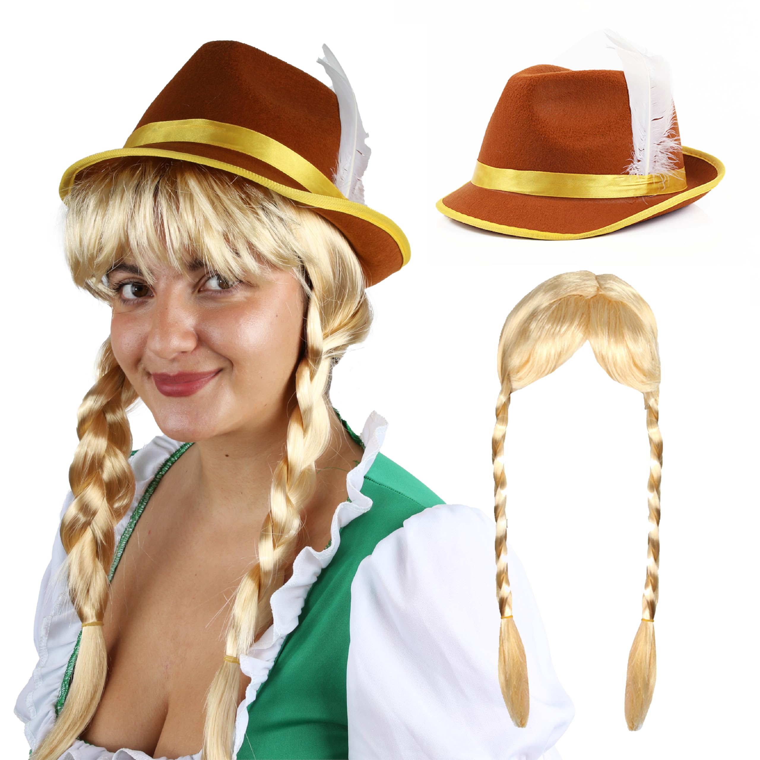 Conjunto de peluca y sombrero bávaro Oktoberfest para mujer, sombrero bávaro marrón y amarillo y peluca trenzada rubia - Juego de accesorios para disfraz Oktoberfest para adultos