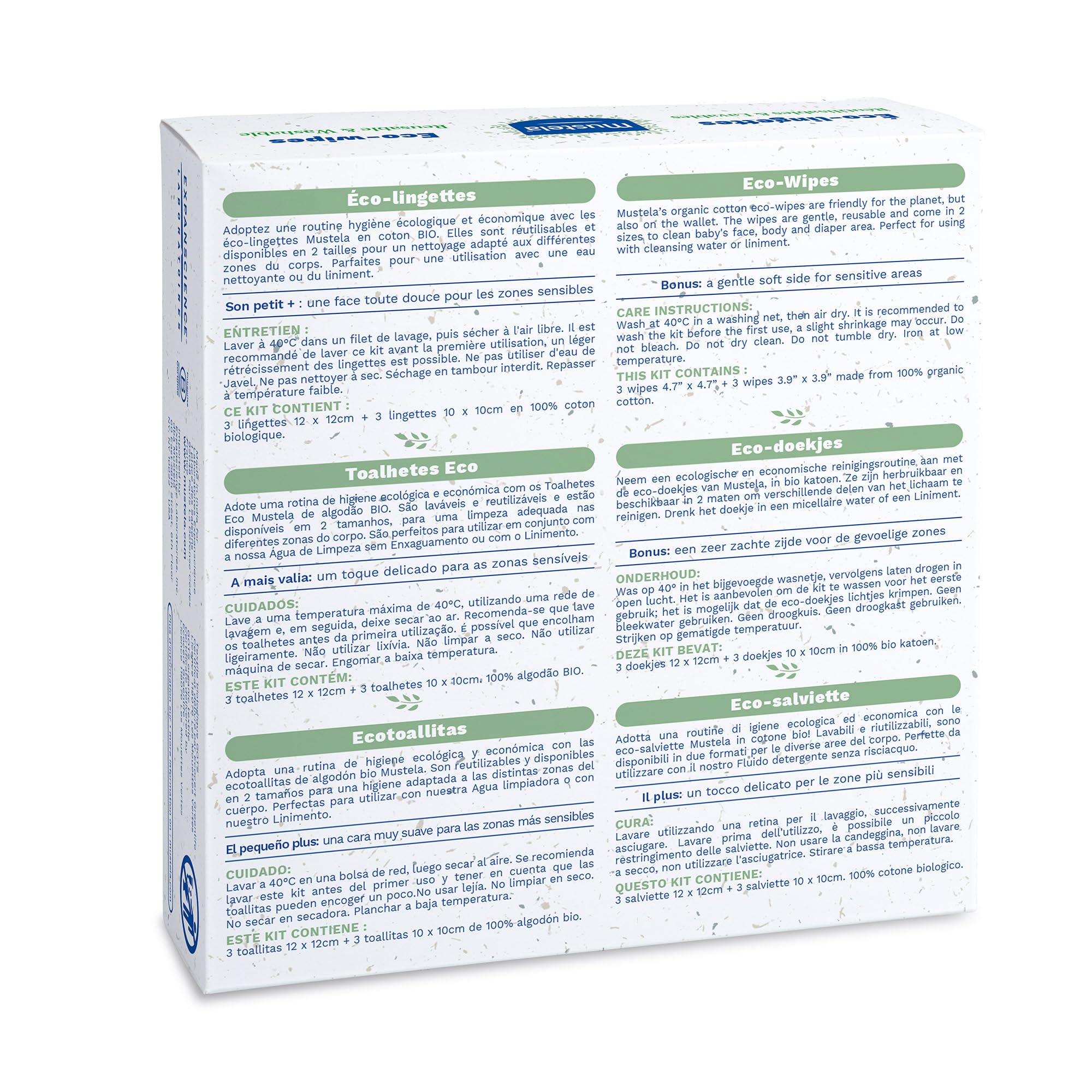 Mustela Toallitas Reutilizables 100% Algodón GOTS para el Cambio de Pañal, Cuerpo y Maquillaje, Bebé y Toda la Familia - Limpian la Piel y Absorben la Suciedad, Aptas para Pieles Sensibles (10 uds.)