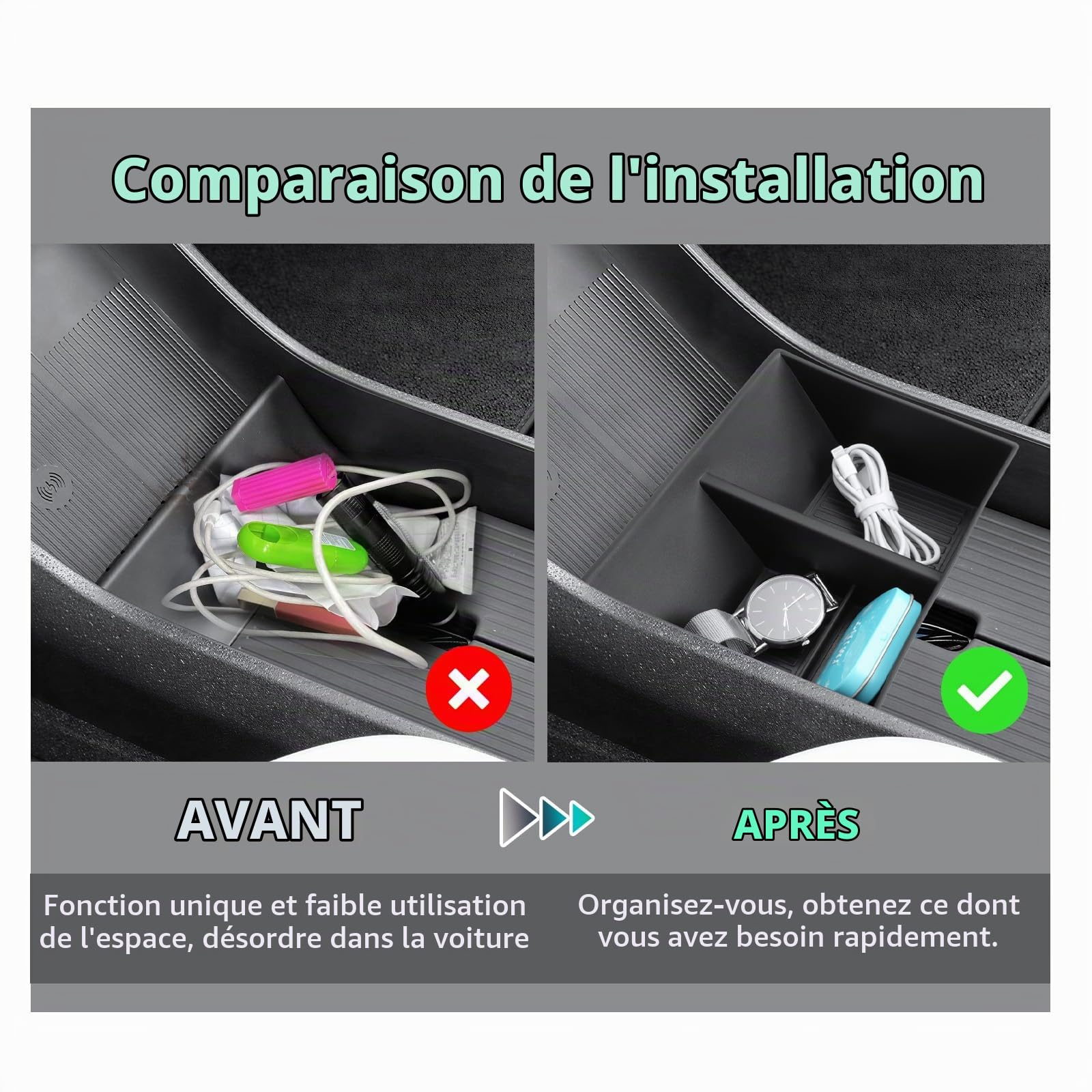 GAFAT Compatible avec Volvo EX30 2026 2025 2024 Boîte de rangement pour console centrale, plateaux de rangement inférieurs pour EX 30 accessoires, en caoutchouc TPE, antidérapant avec 4 coussinets en