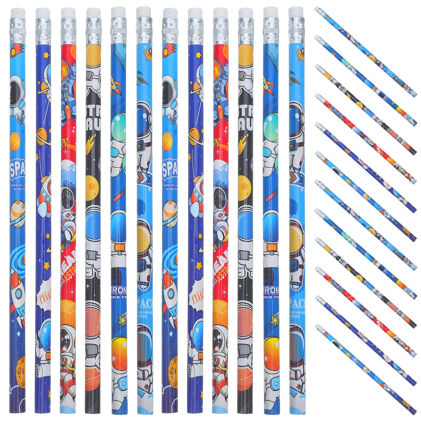 120 crayons en bois à motifs de personnages de dessins animés : Idées cadeaux pour une fête sur le thème de l'espace - Crayons HB amusants avec gommes - Fournitures scolaires pour la