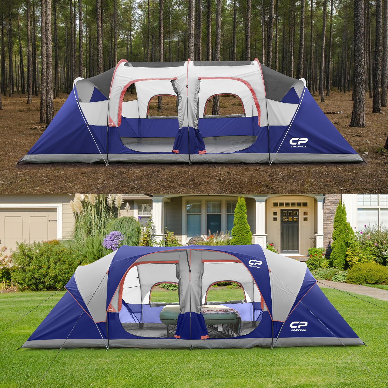 CAMPROS CP Tienda de Campaña Familiar para 12 Personas 610 x 274 x 183 cm, Tienda Grande Impermeable con 3 Habitaciones, Ventanas de Malla, Montaje Rápido, Ideal para Camping y Glamping